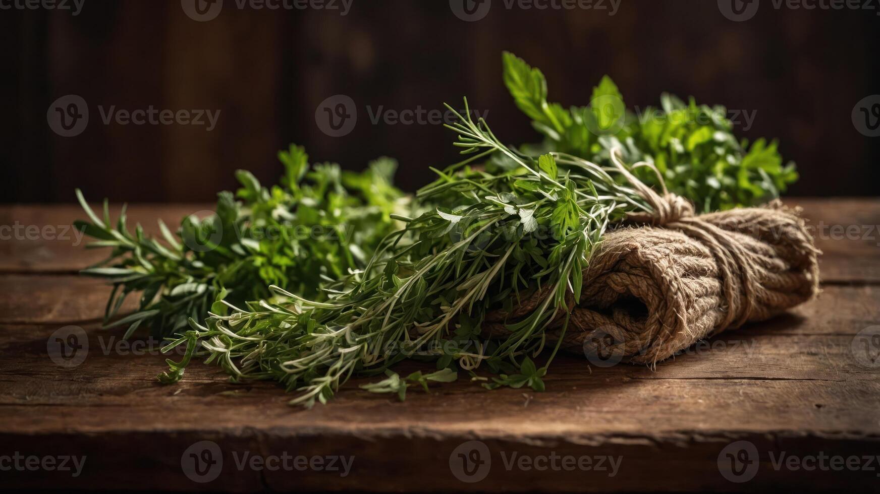 A bundle of fresh herbs tied with twine on a rustic wooden surface. photo