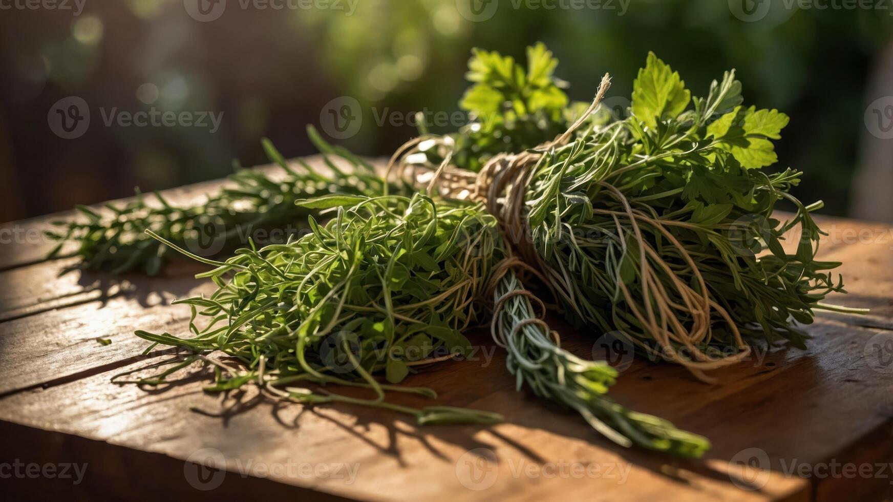 A bundle of fresh herbs tied with twine on a wooden surface, capturing a natural, rustic feel. photo