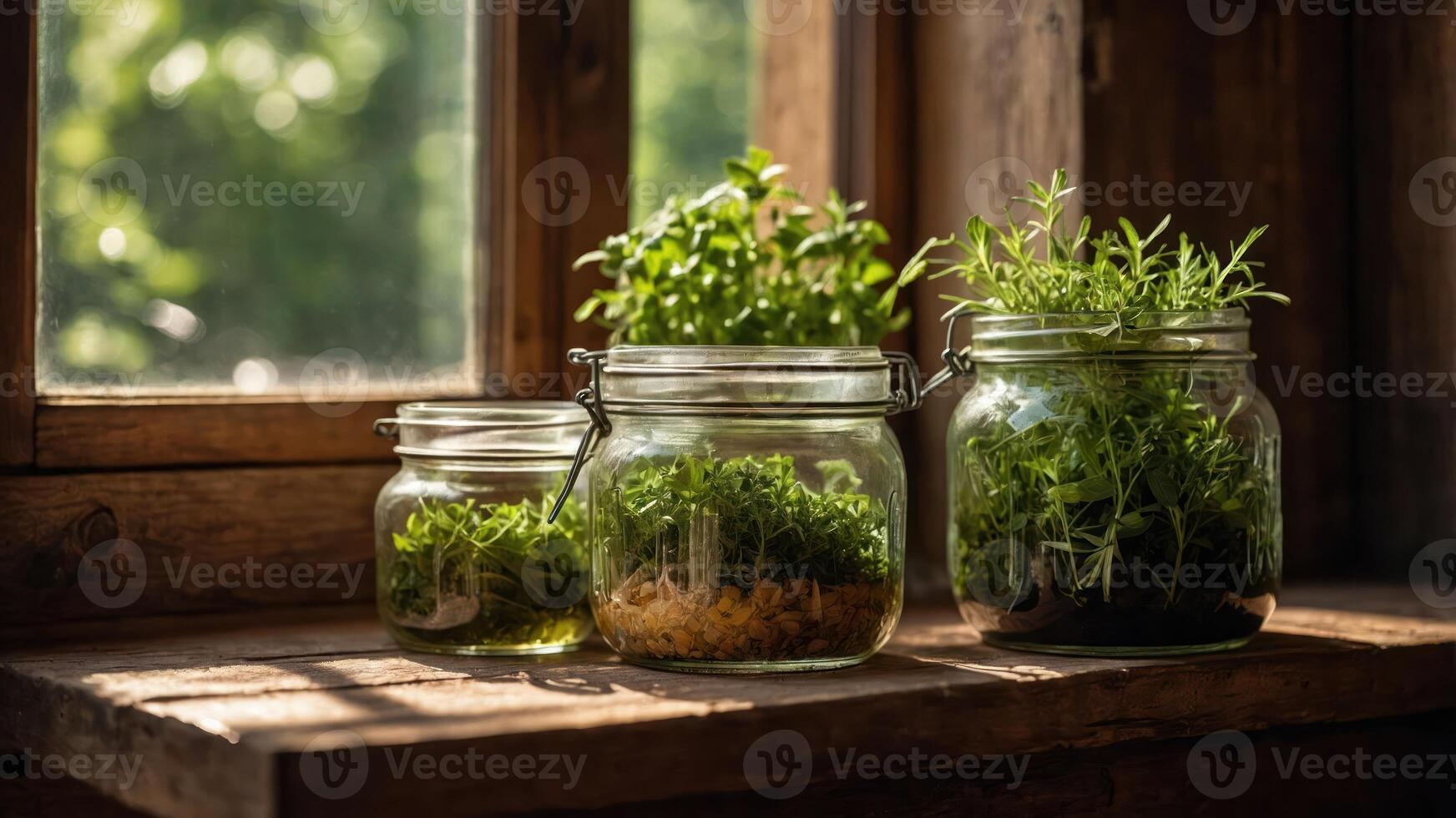 A sunny window displays jars filled with fresh herbs, showcasing a vibrant indoor garden. photo