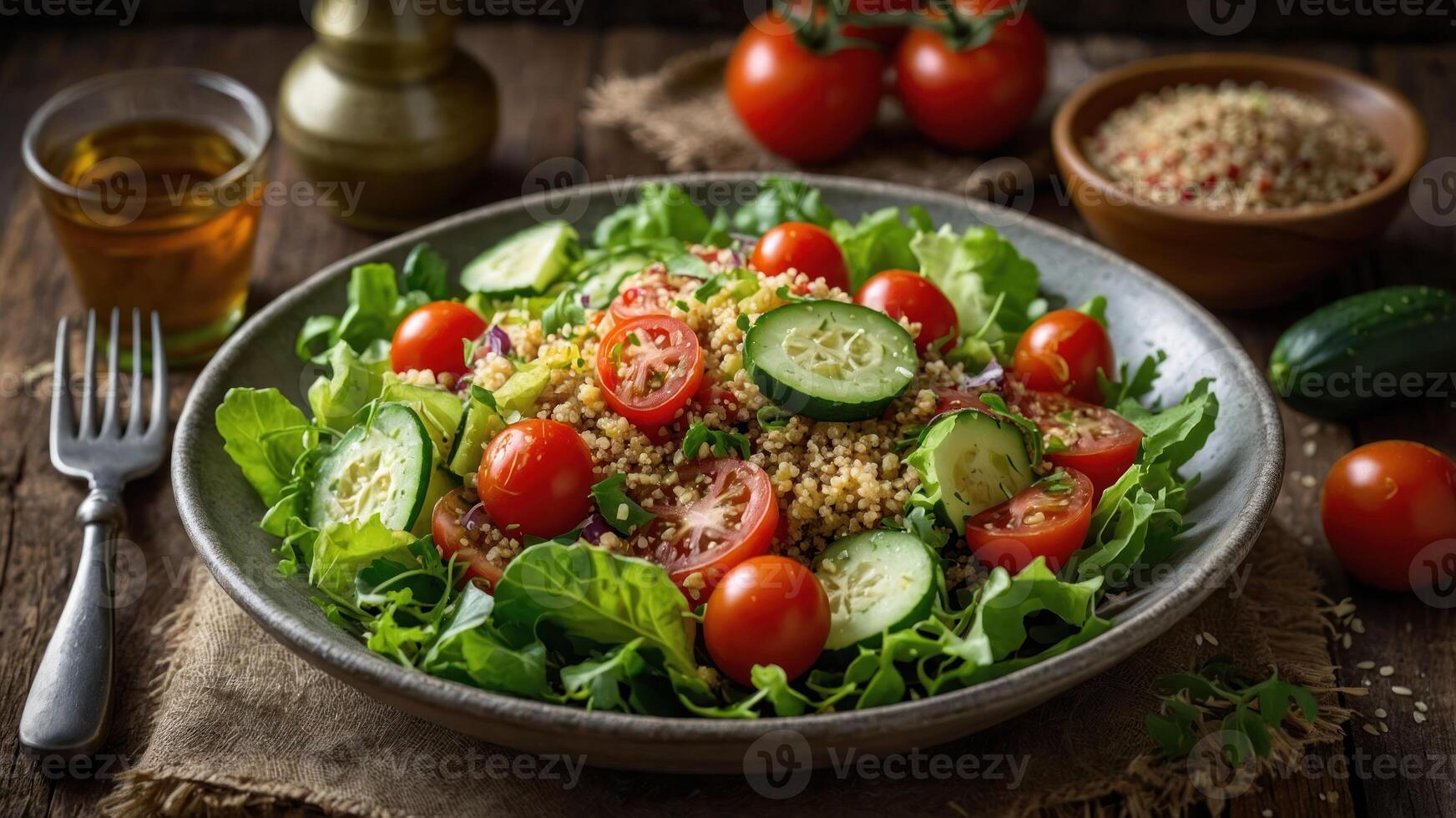 A vibrant salad with tomatoes, cucumbers, and quinoa served on a rustic table. photo