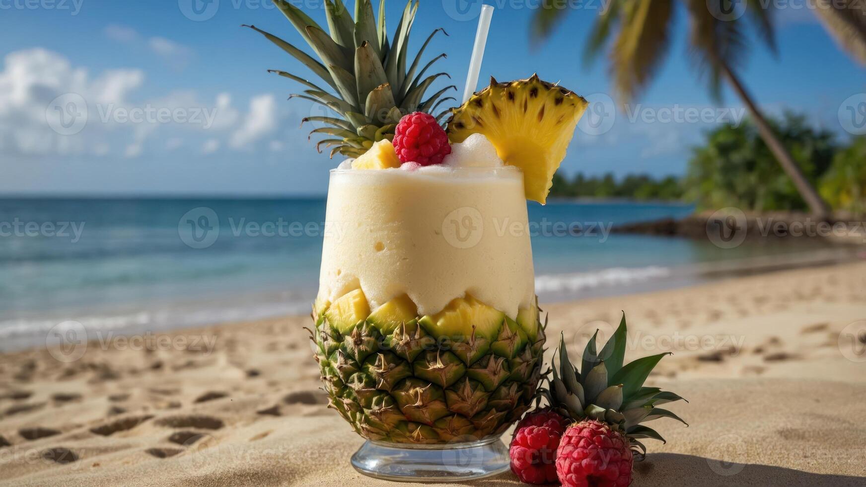 A tropical drink served in a pineapple on a beach, perfect for relaxation and enjoyment. photo