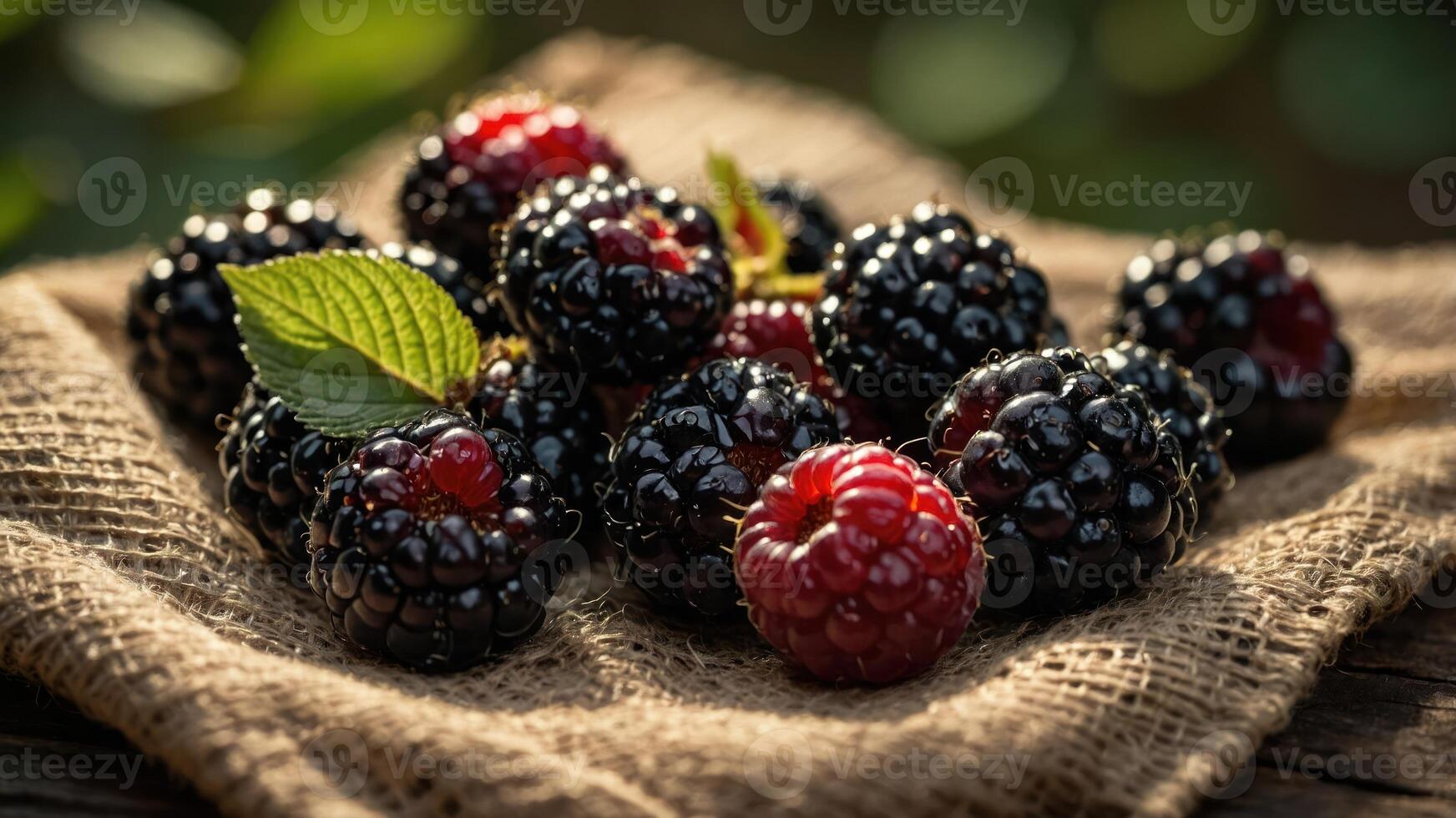 A collection of fresh blackberries and raspberries on a textured surface with natural lighting. photo