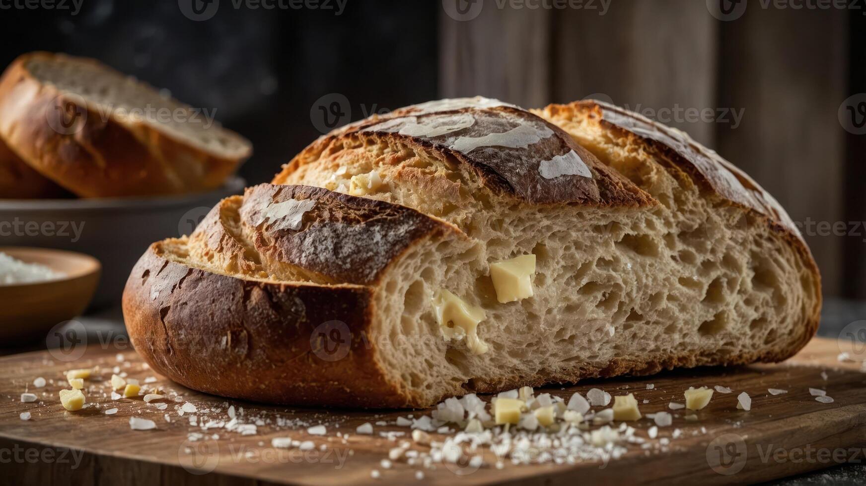 A freshly baked loaf of bread with butter, displayed on a wooden board. photo