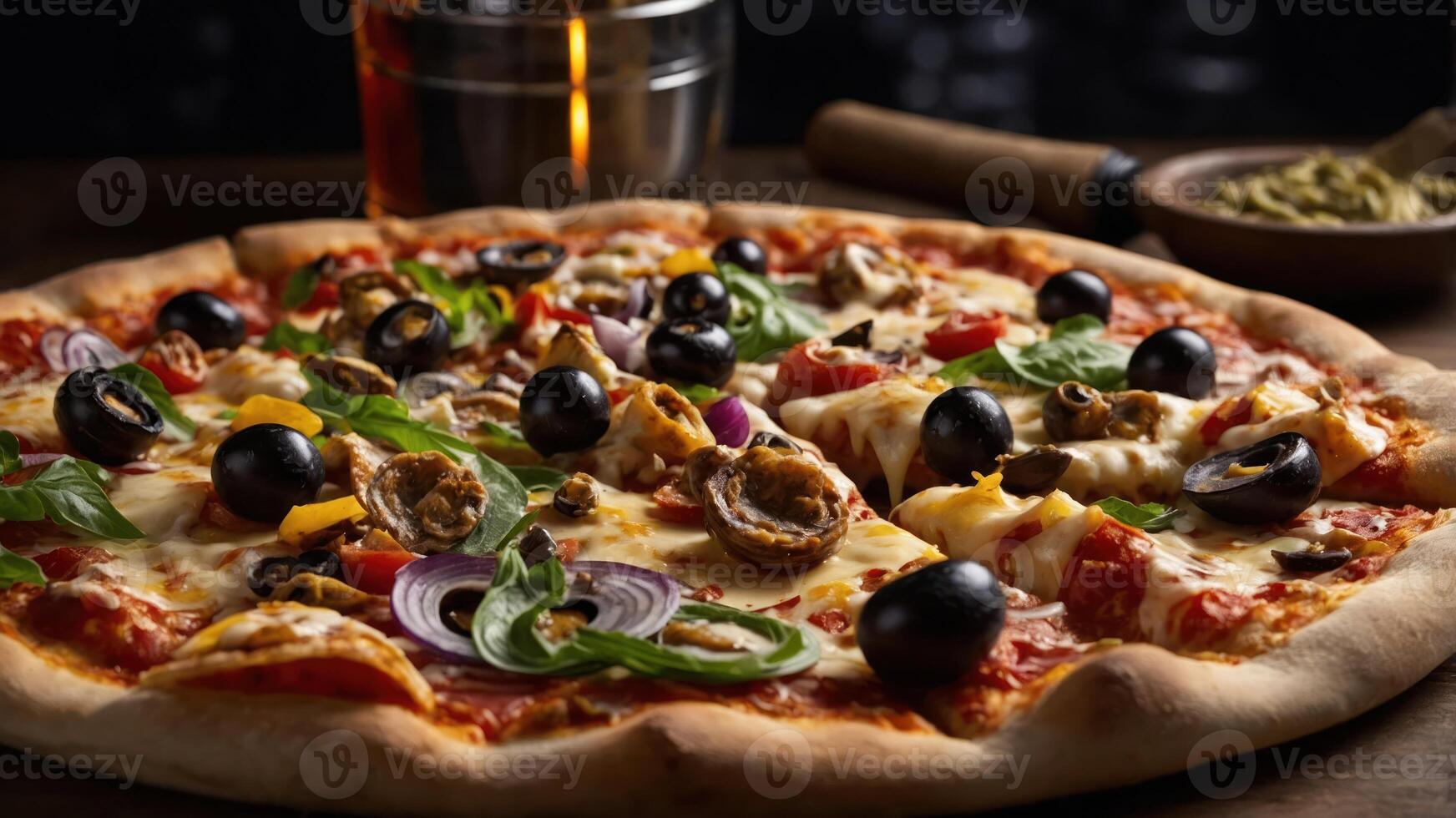 A delicious pizza topped with olives, vegetables, and herbs, served on a wooden table. photo