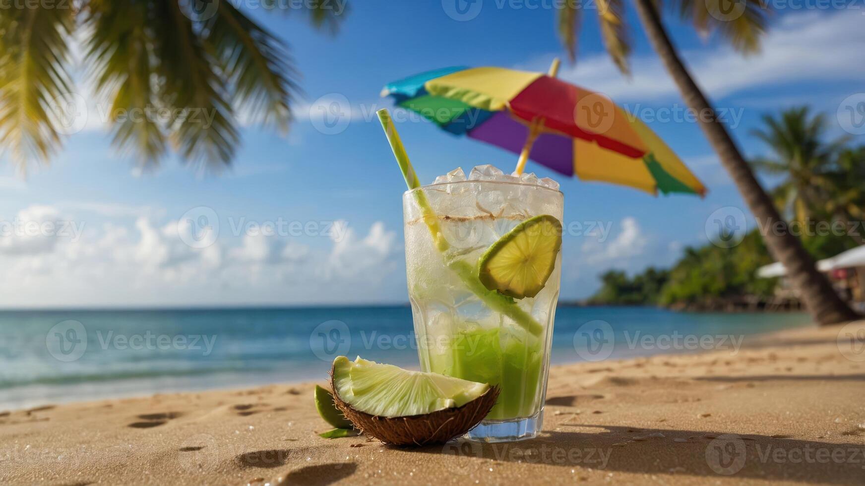 A refreshing cocktail with a colorful umbrella on a sandy beach, perfect for relaxation. photo