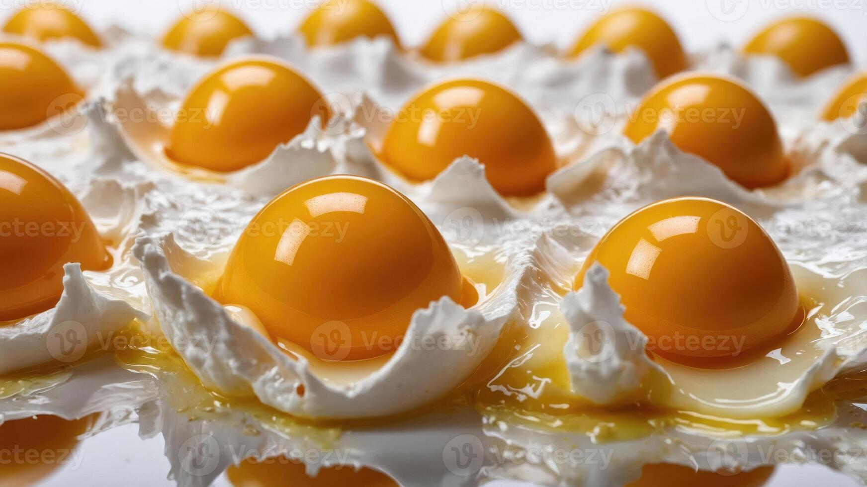 A close-up of cracked eggs showcasing bright yolks and fluffy egg whites. photo