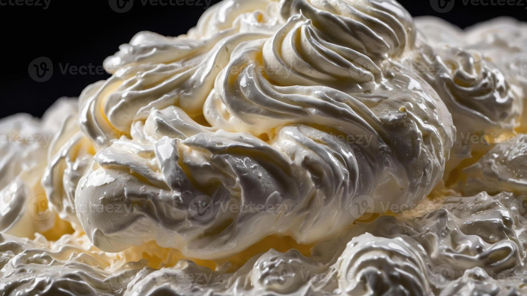 A close-up of fluffy whipped cream, showcasing its texture and swirls. photo