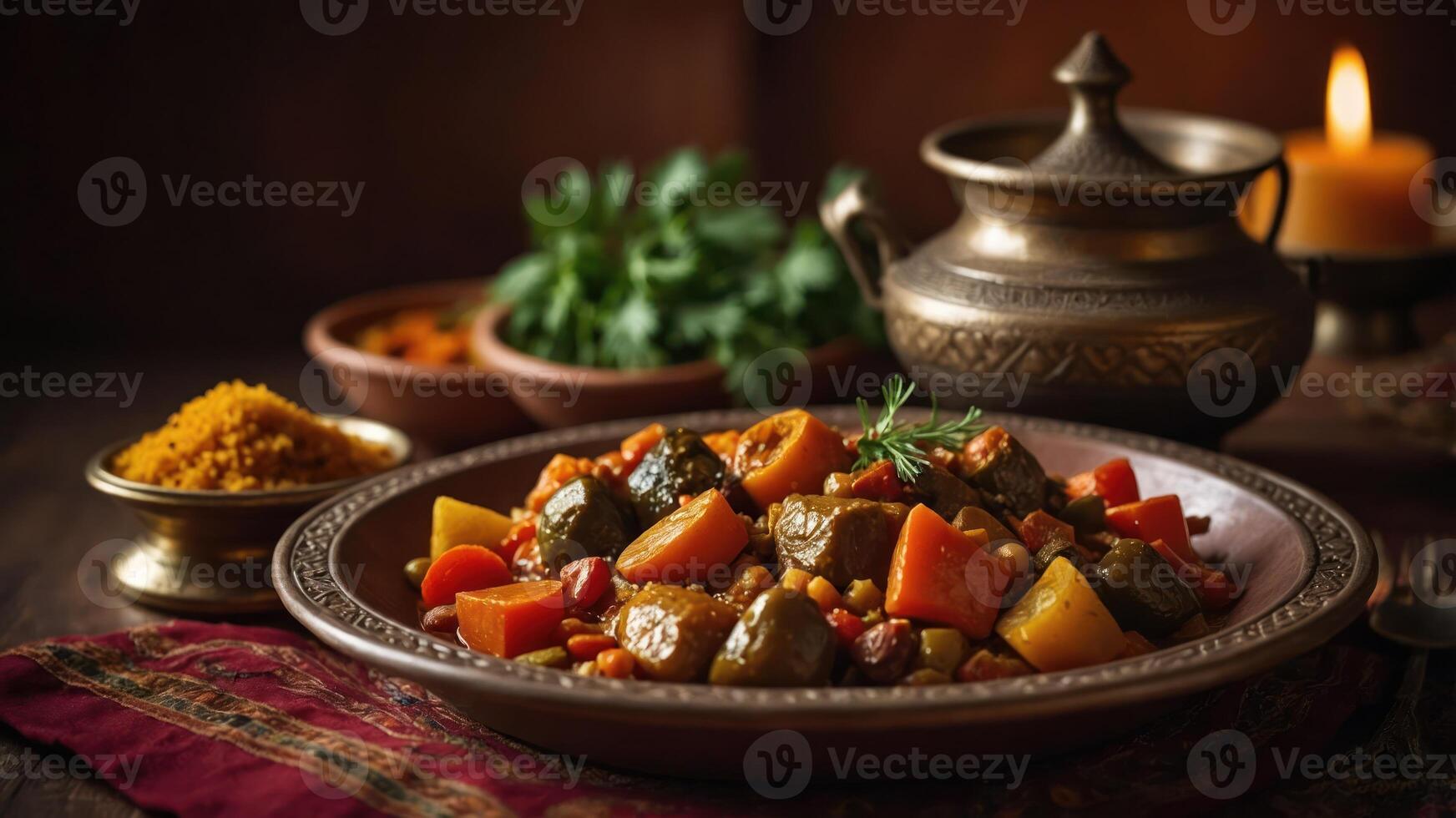 A vibrant dish of vegetables and spices served on a decorative plate, evoking warmth and tradition. photo