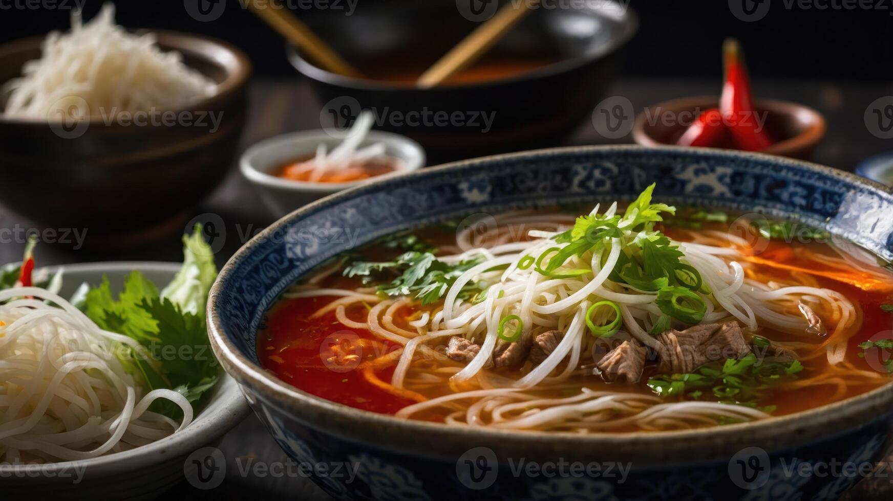 A vibrant bowl of noodle soup garnished with herbs, accompanied by side dishes and condiments. photo