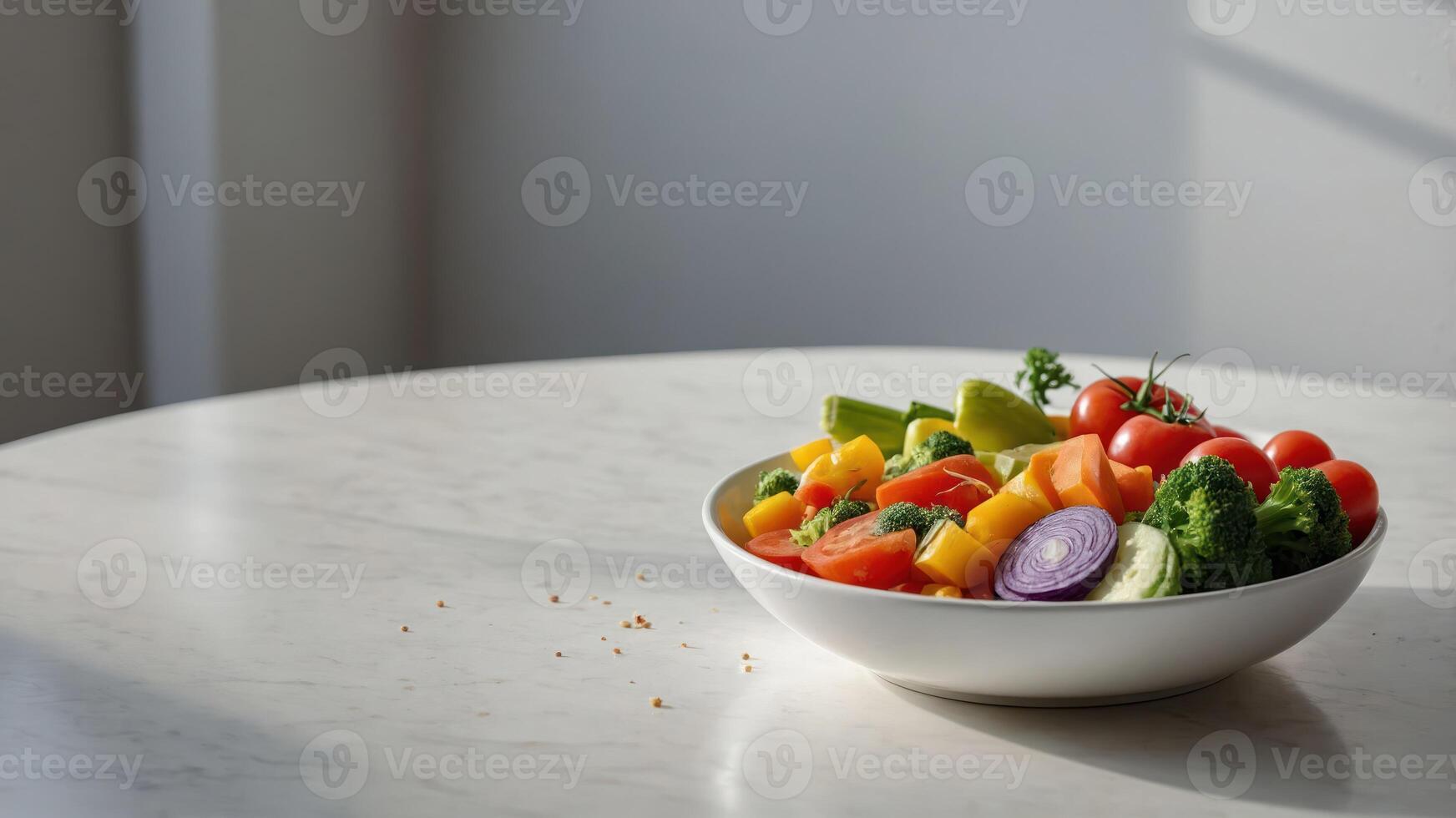 A vibrant bowl of fresh vegetables and fruits on a marble table, promoting healthy eating. photo