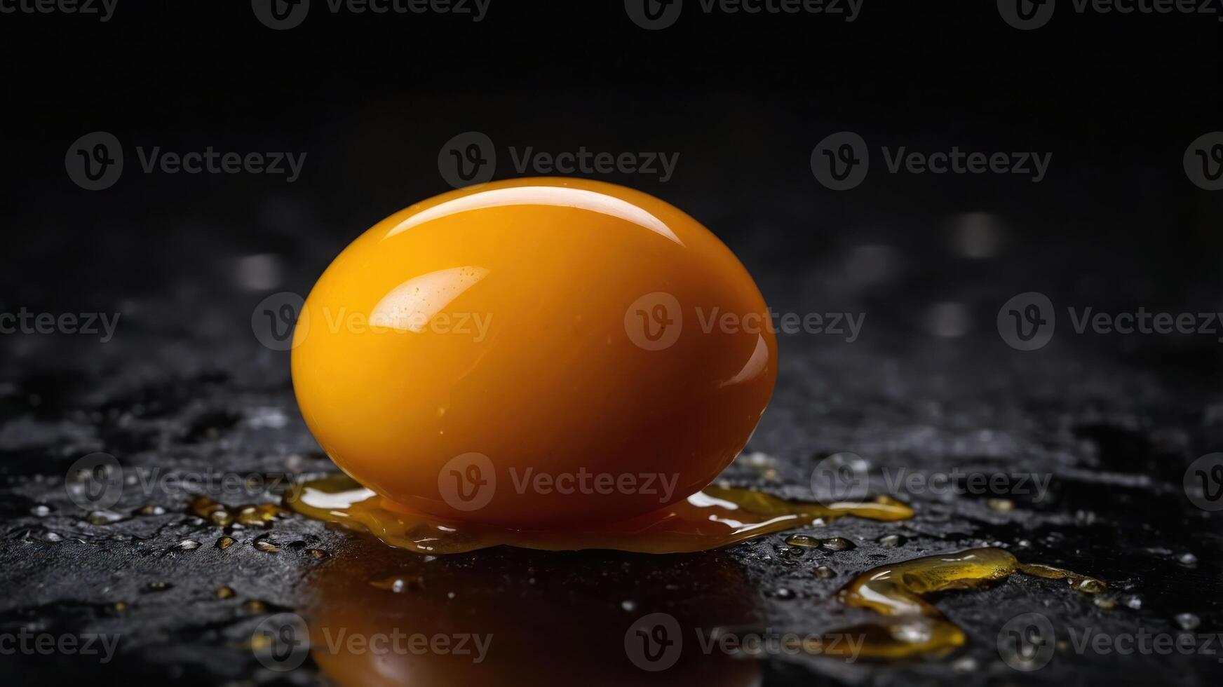 A close-up of a shiny, raw egg yolk on a dark surface, highlighting its texture and color. photo