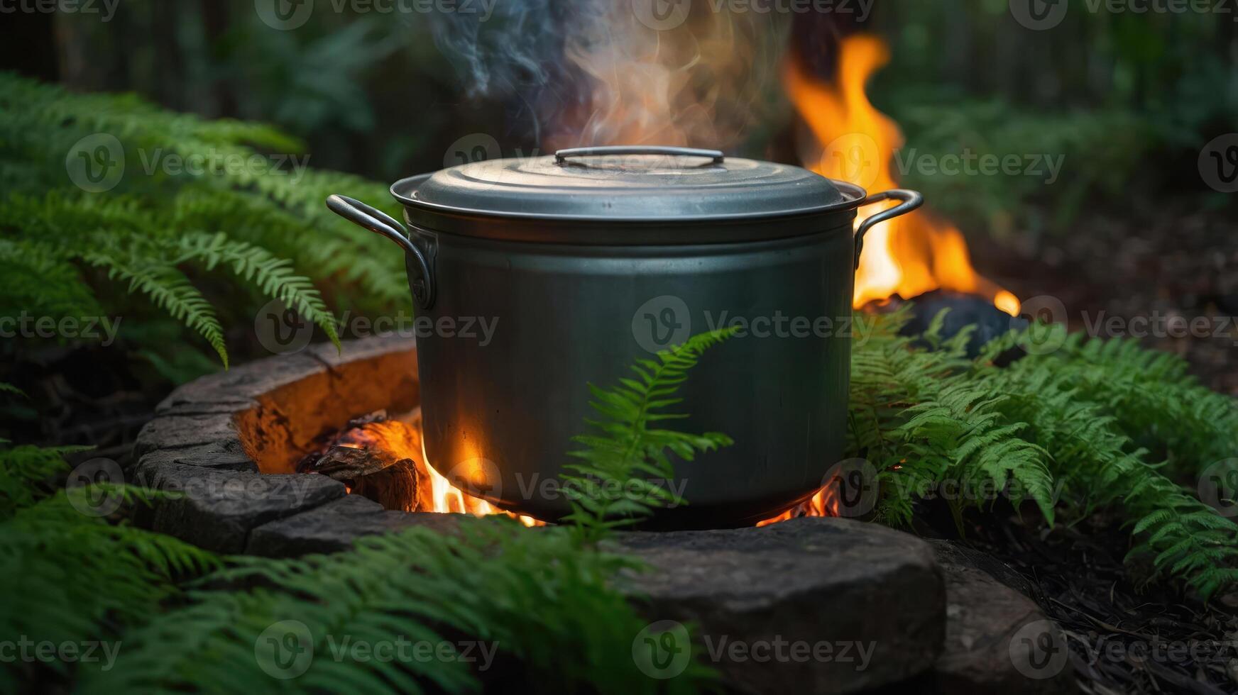 A pot cooking over an open fire surrounded by ferns in a forest setting. photo