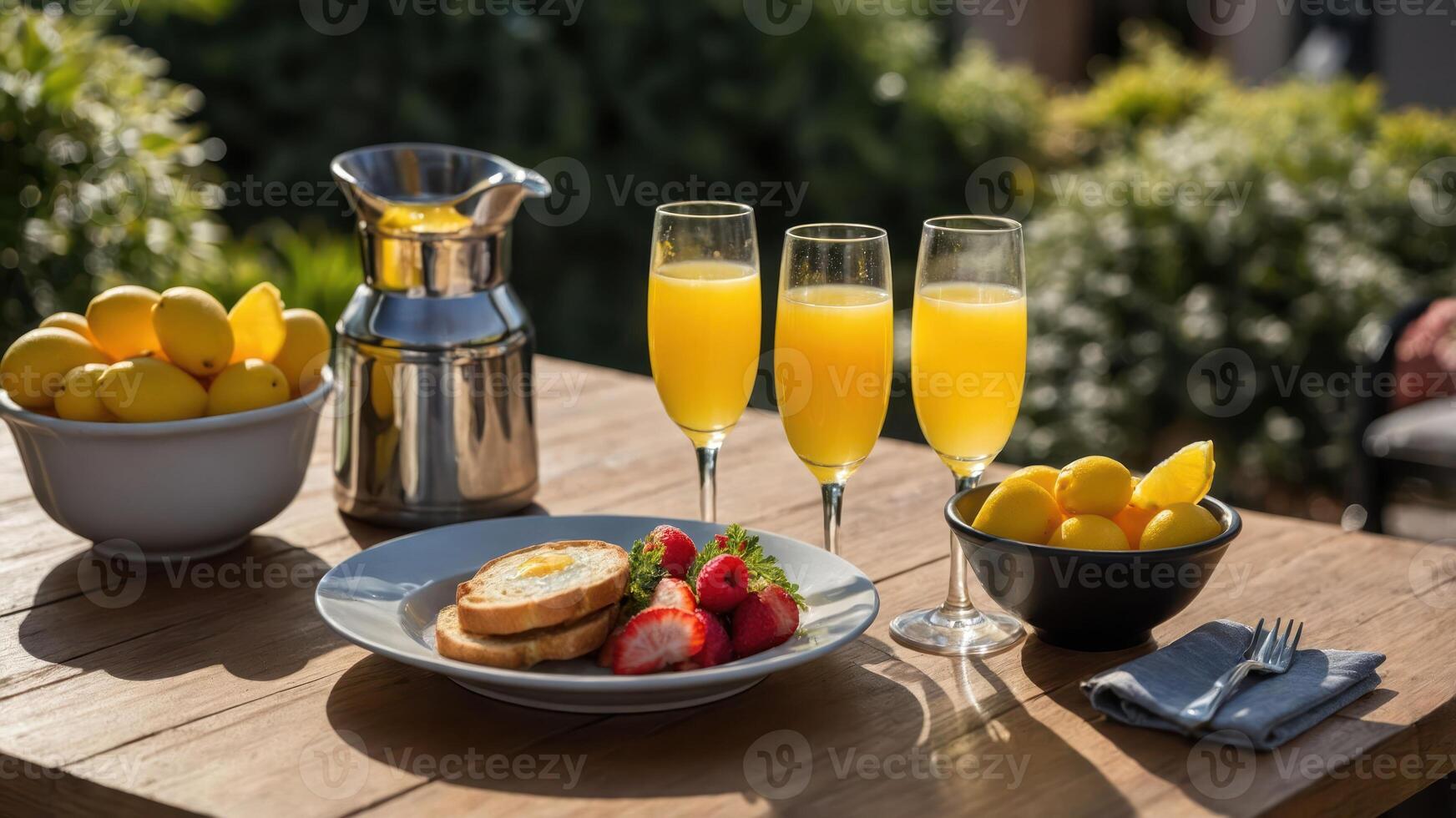 A sunny brunch scene featuring toast, strawberries, and mimosas on a wooden table. photo