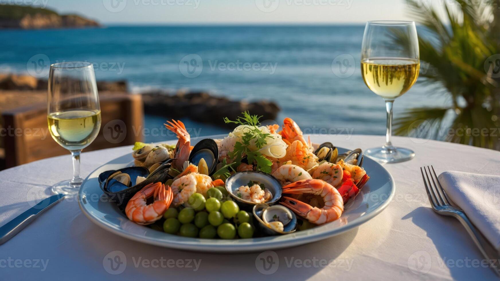 A seafood platter with wine, set against a scenic ocean view. photo