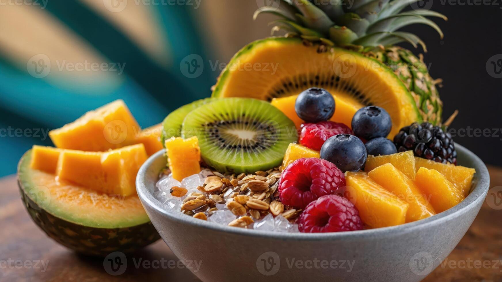 A vibrant fruit bowl featuring assorted fresh fruits and granola, served on a wooden table. photo