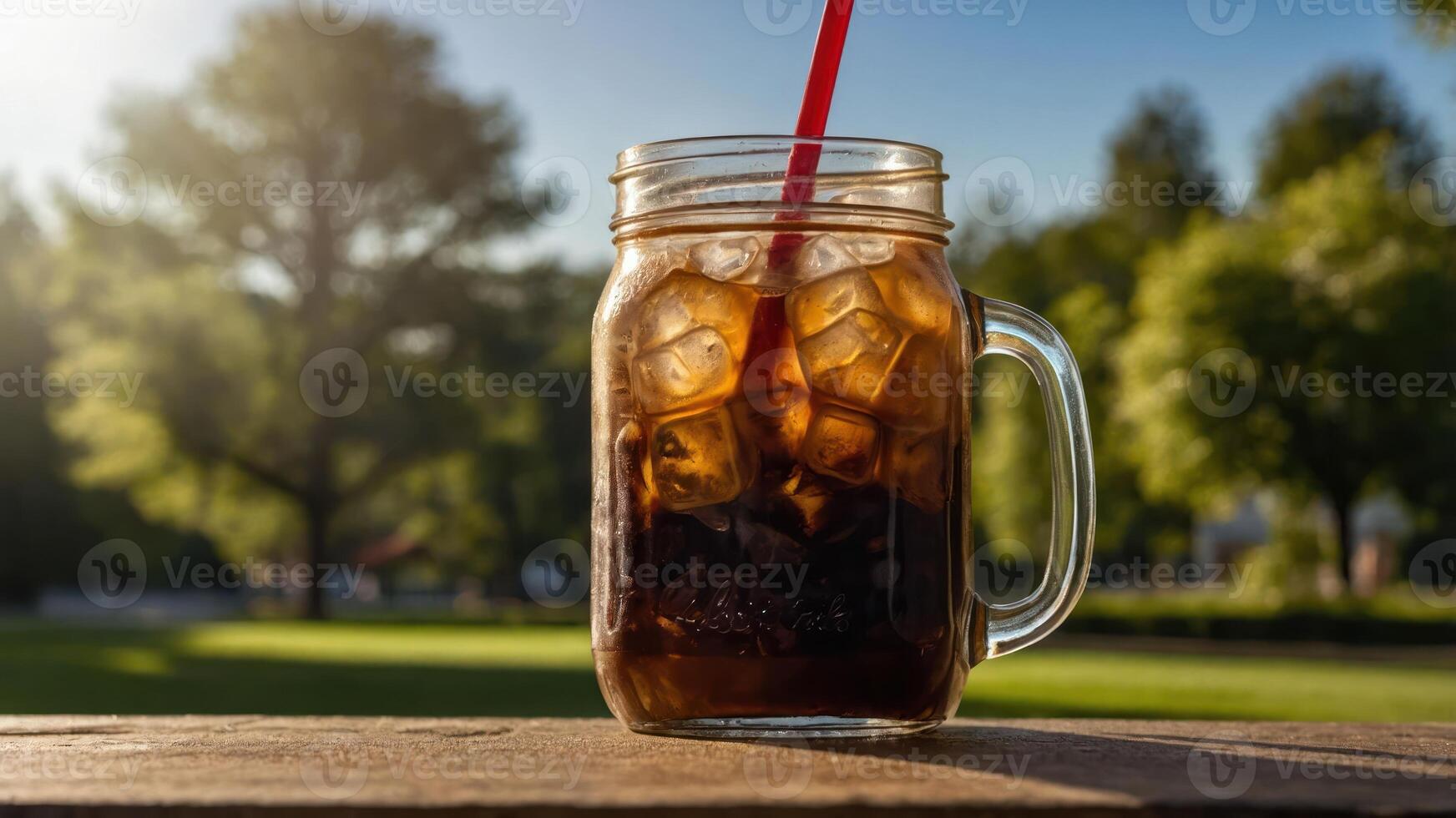 A refreshing glass of iced coffee with a straw on a sunny outdoor table. photo