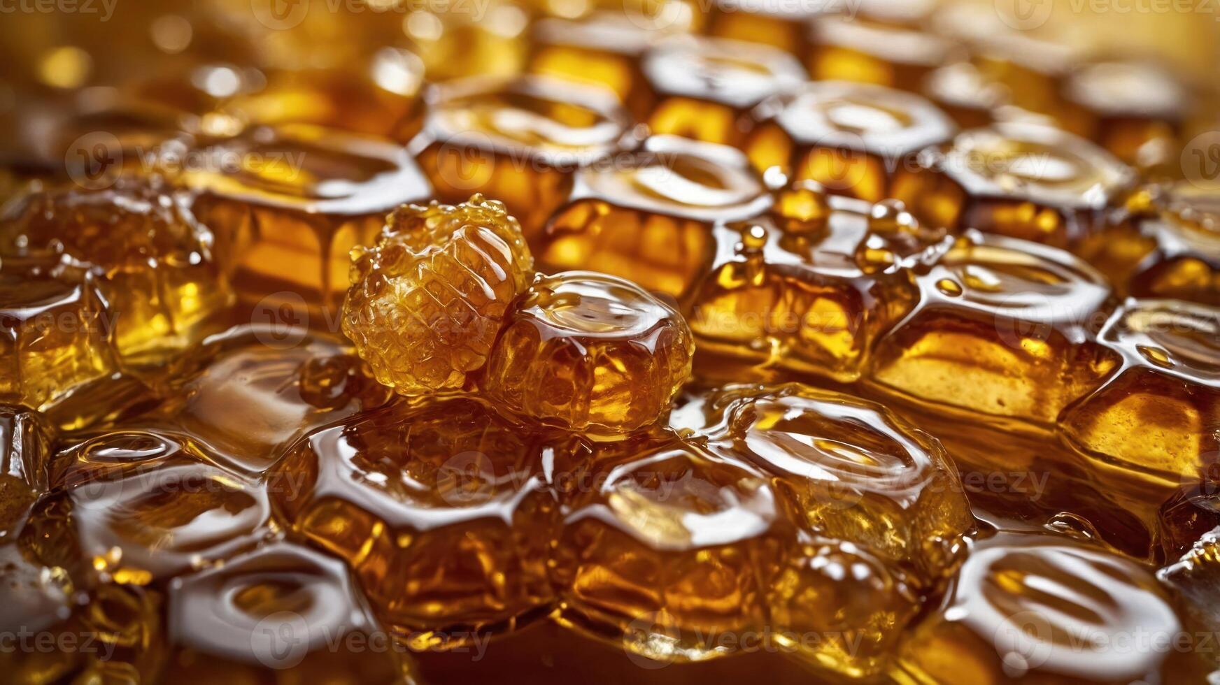 Close-up of golden honeycomb filled with viscous honey, showcasing its natural sweetness. photo