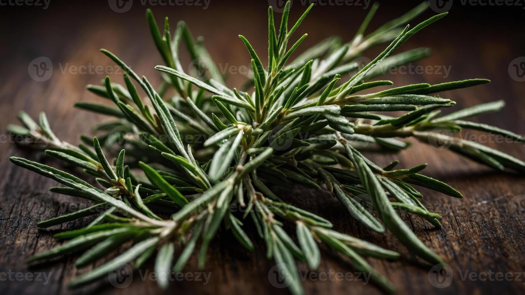 A close-up of fresh rosemary sprigs on a wooden surface, highlighting its vibrant green color. photo