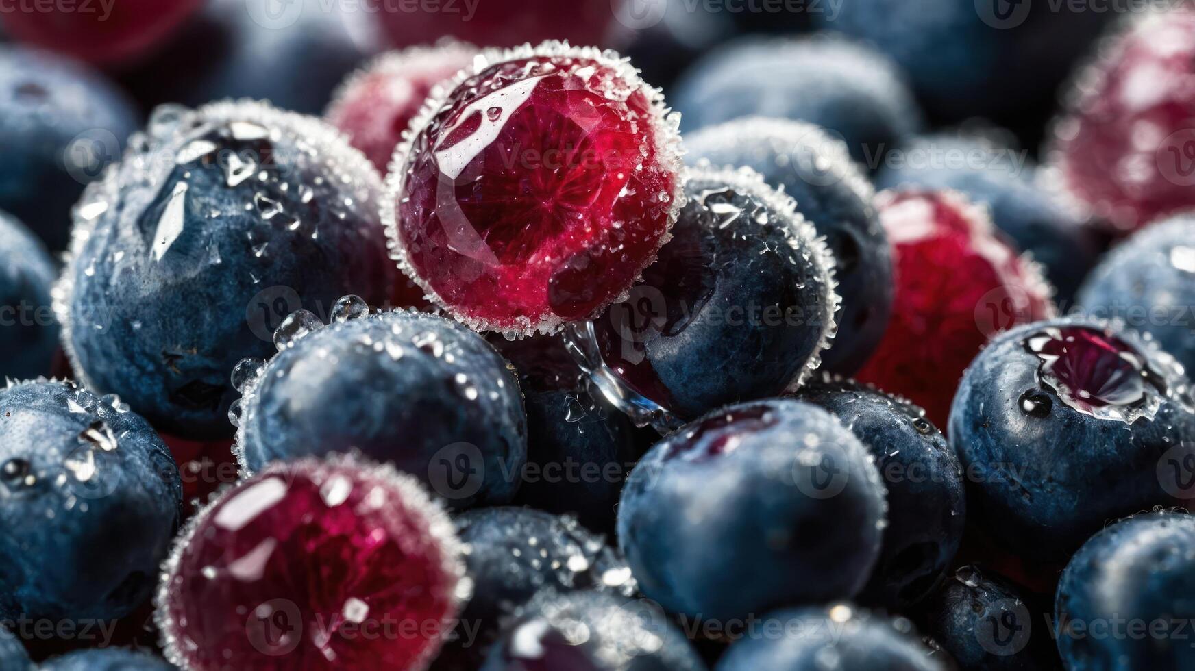 Close-up of frosty blueberries and raspberries, showcasing their texture and freshness. photo