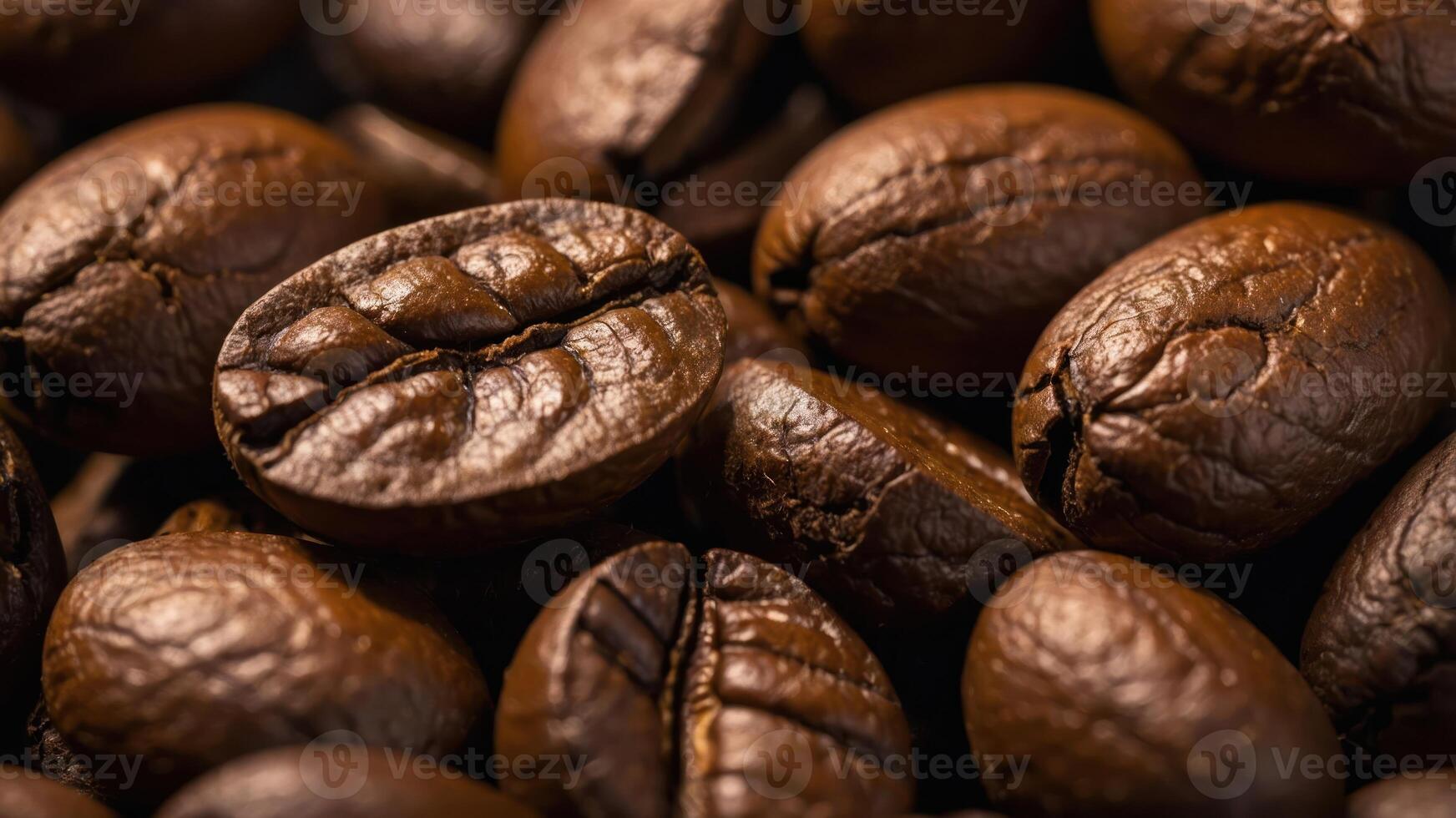 Close-up of roasted coffee beans showcasing their rich texture and color. photo