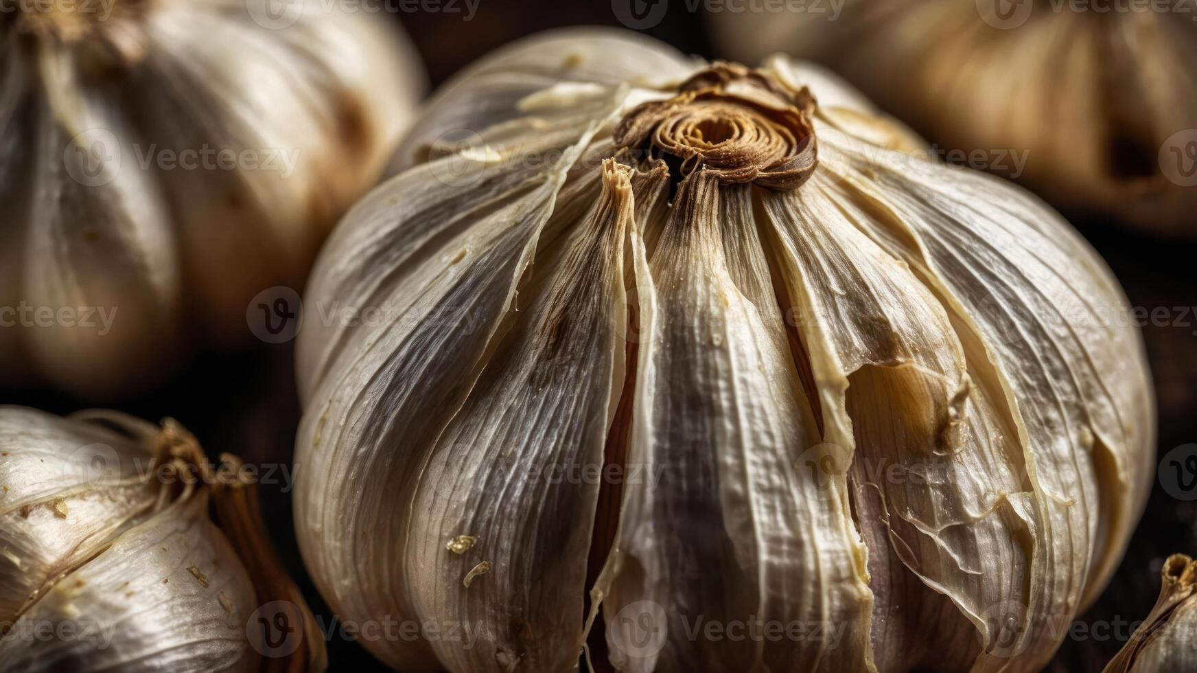 Close-up of garlic bulbs showcasing texture and layers. photo