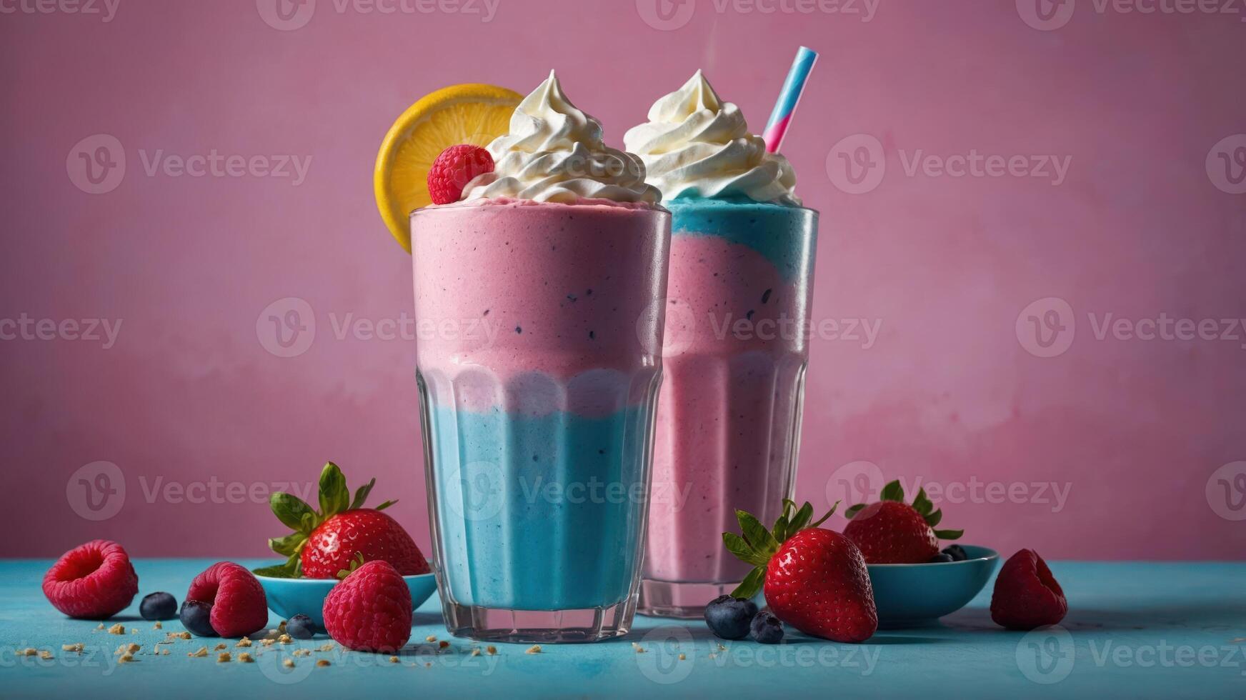 Two colorful milkshakes topped with whipped cream and garnished with fruit. photo