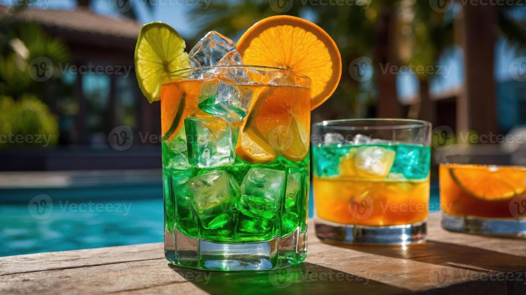 Colorful cocktails with ice and fruit garnishes by a poolside. photo