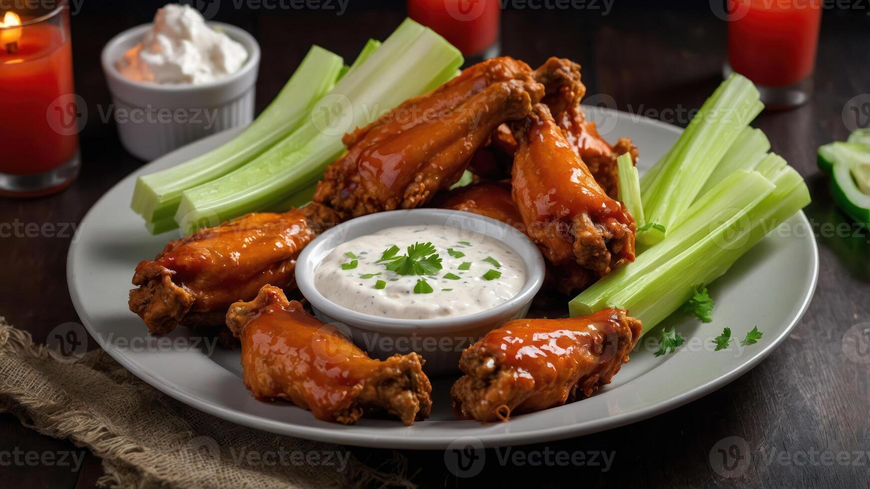 A plate of spicy chicken wings served with celery and dipping sauce. photo