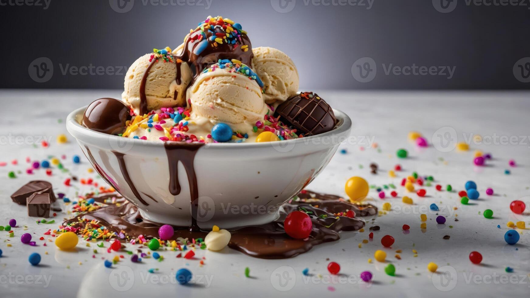 A vibrant bowl of ice cream topped with chocolate, candies, and colorful sprinkles. photo