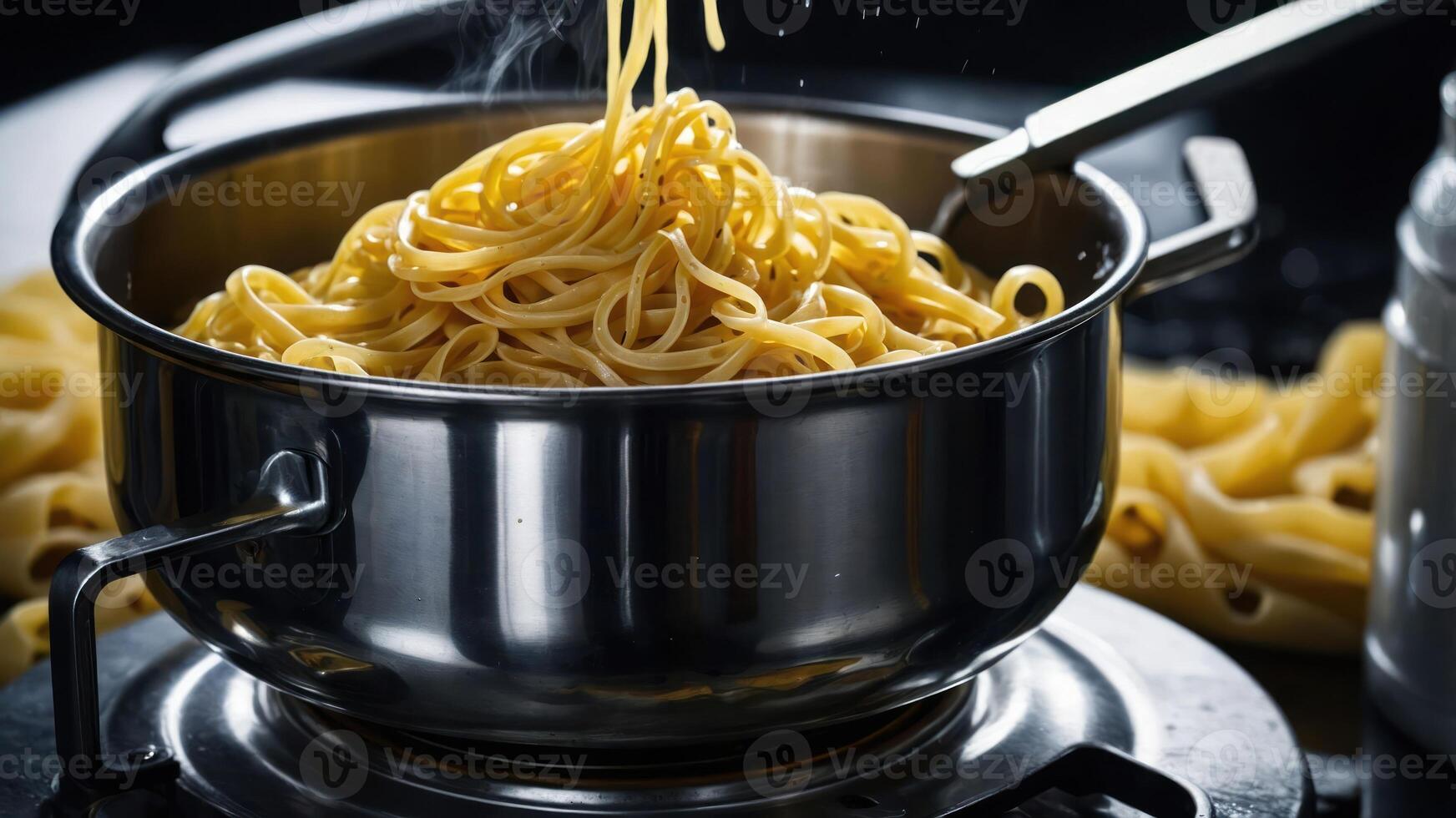 A pot of steaming spaghetti on a stove, showcasing cooking and food preparation. photo