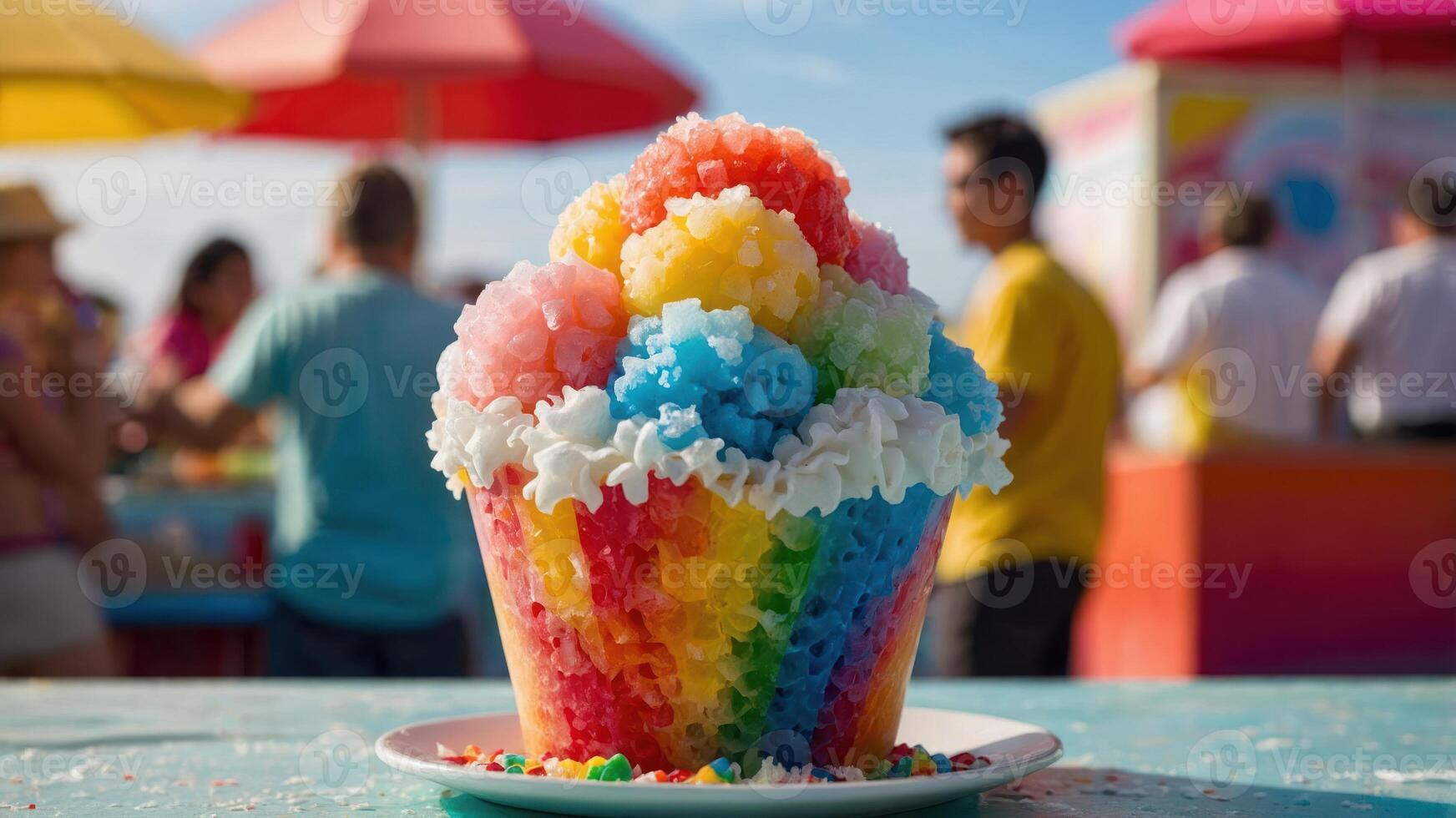 A colorful dessert of rainbow shaved ice topped with whipped cream. photo