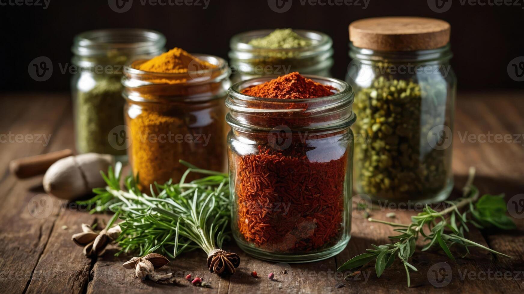 A collection of colorful spices in jars, showcasing culinary ingredients for cooking. photo