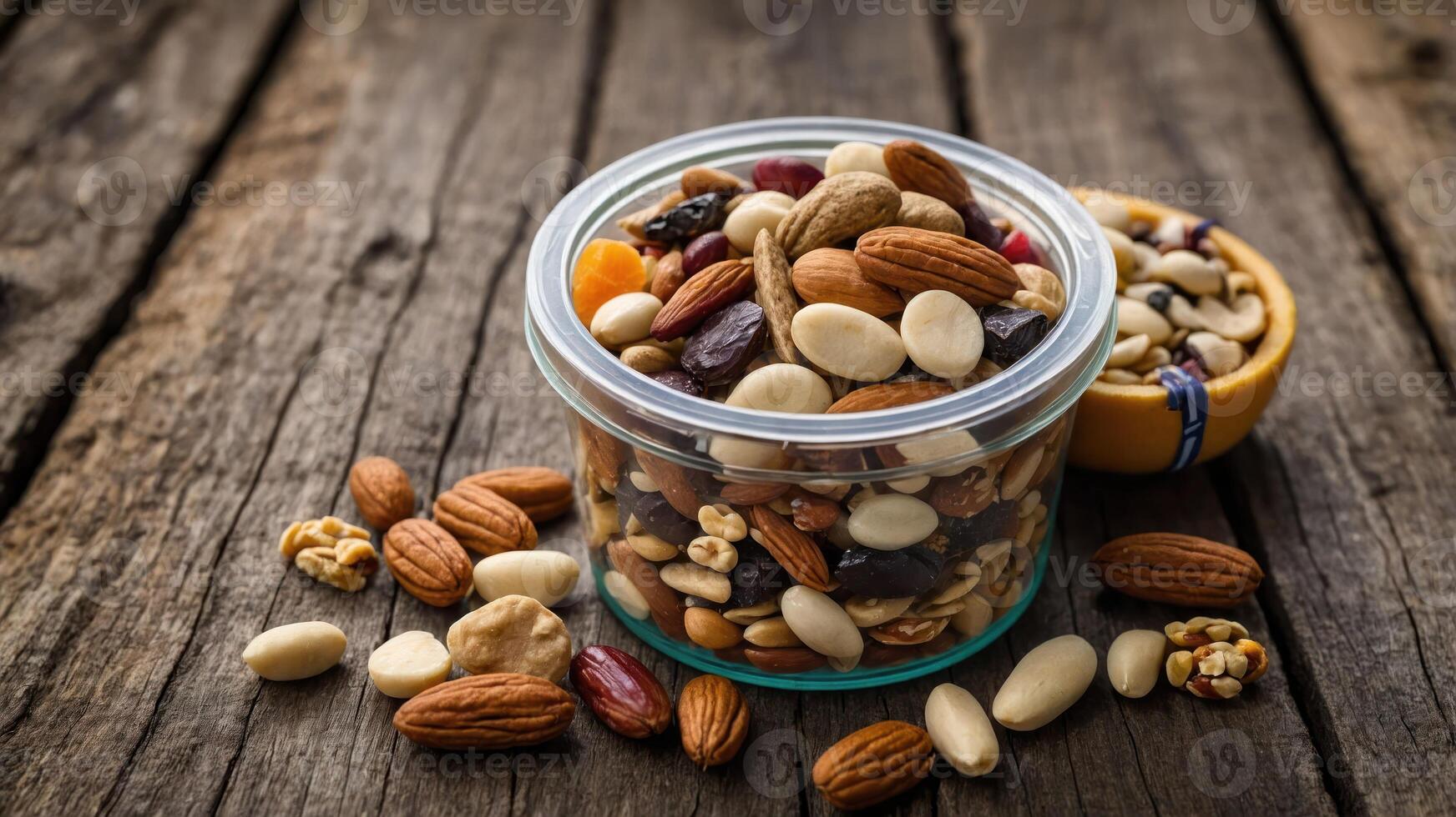 A glass jar filled with a variety of nuts and dried fruits on a wooden surface. photo
