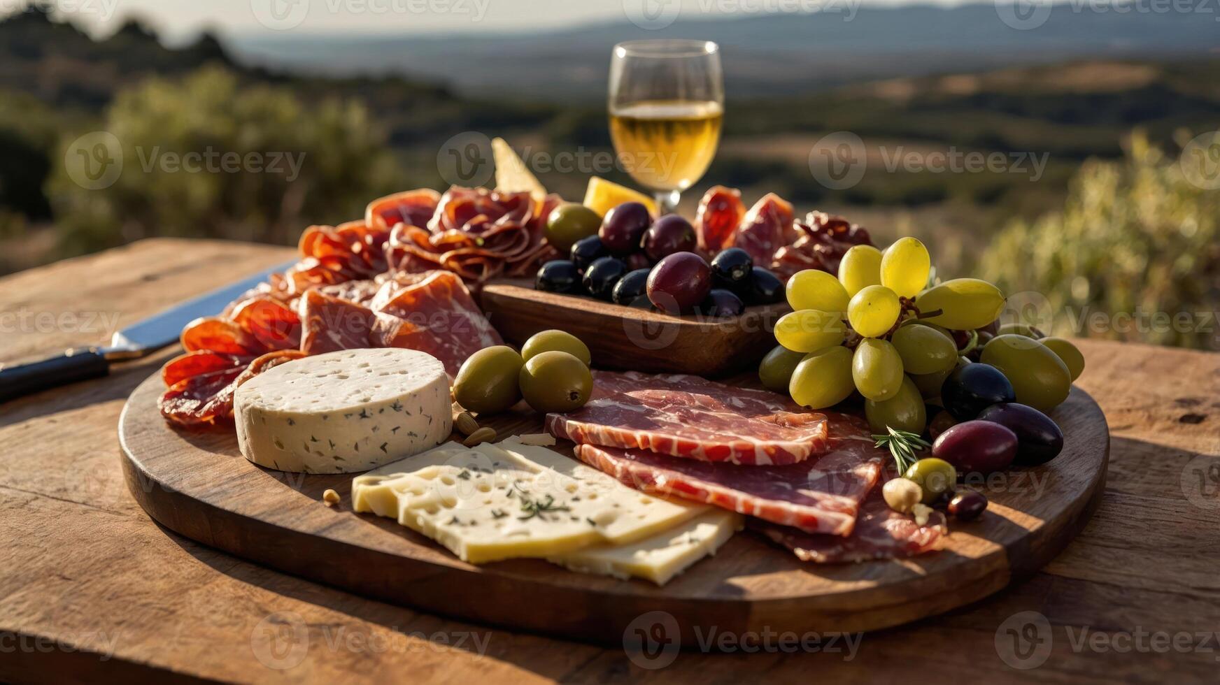 A rustic cheese and charcuterie board with fruits and a glass of wine, set outdoors. photo
