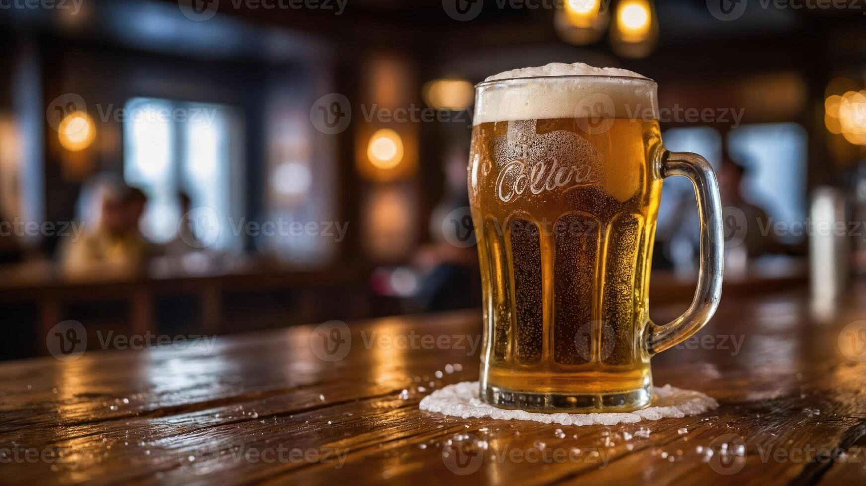 A frothy beer in a glass mug on a wooden table, set in a cozy bar atmosphere. photo