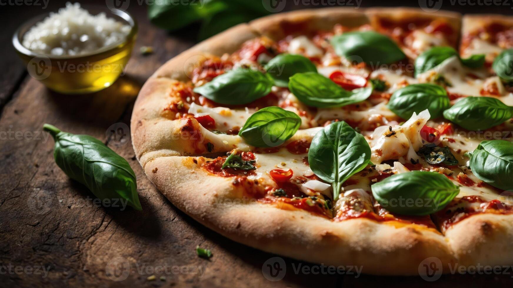 A delicious pizza topped with fresh basil and served with olive oil and rice. photo