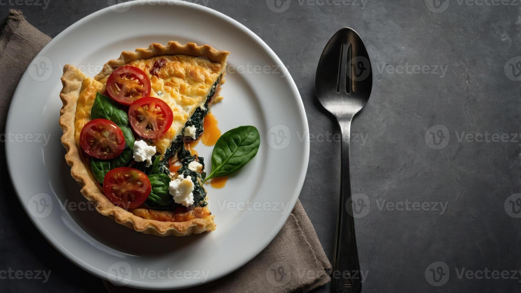 A slice of savory quiche with tomatoes and spinach on a plate, ready to be enjoyed. photo