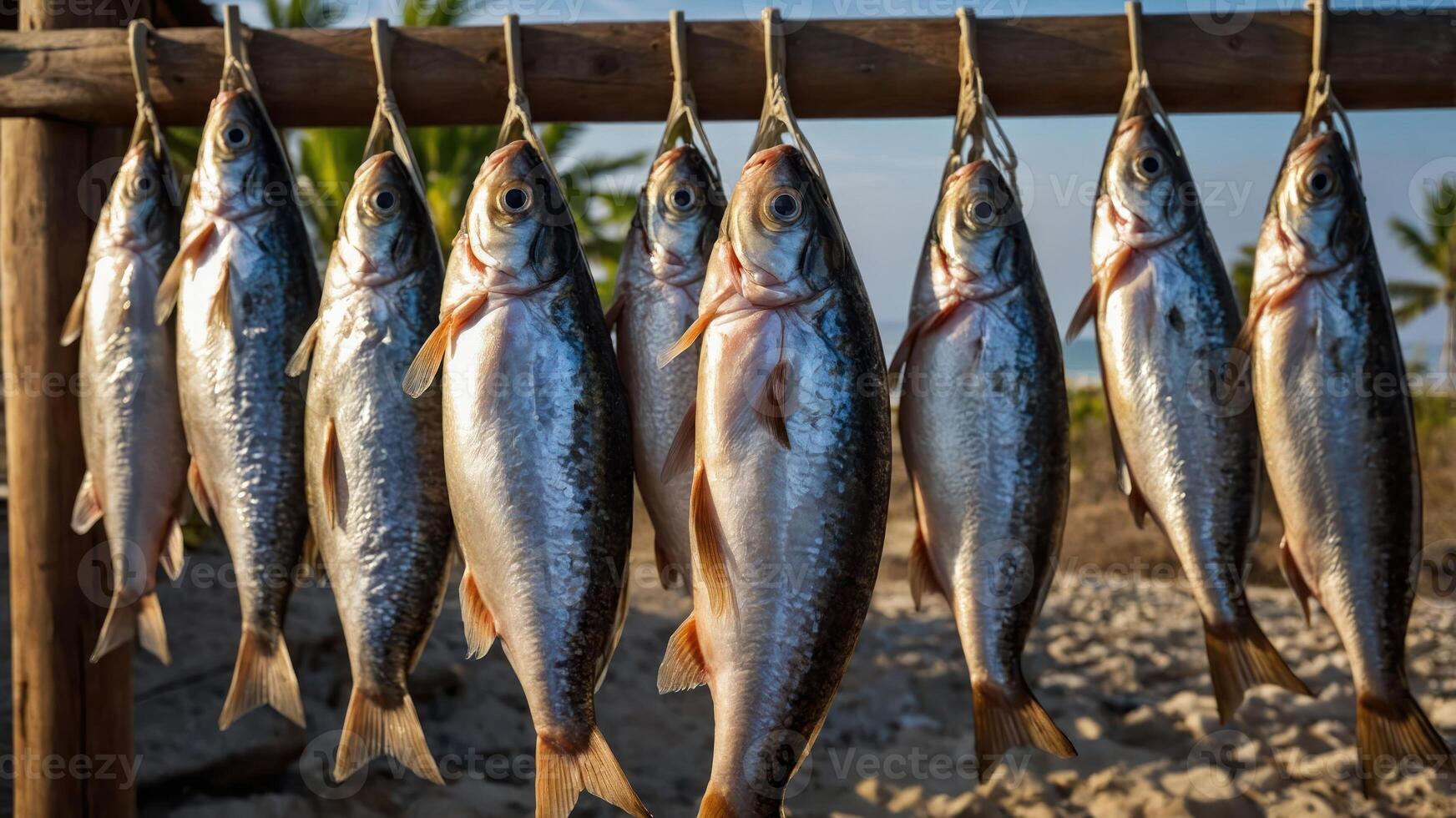 Fresh fish hanging on a wooden rack by the beach, showcasing a catch of the day. photo