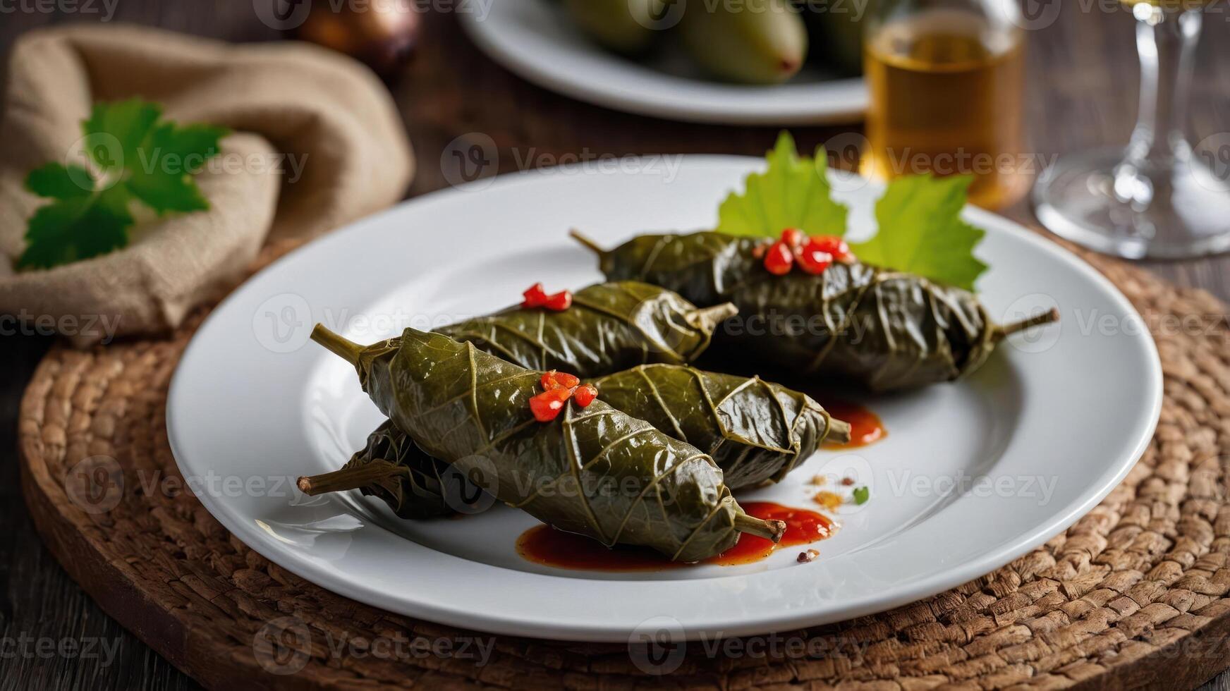 A plate of stuffed grape leaves garnished with chili and served with sauce. photo