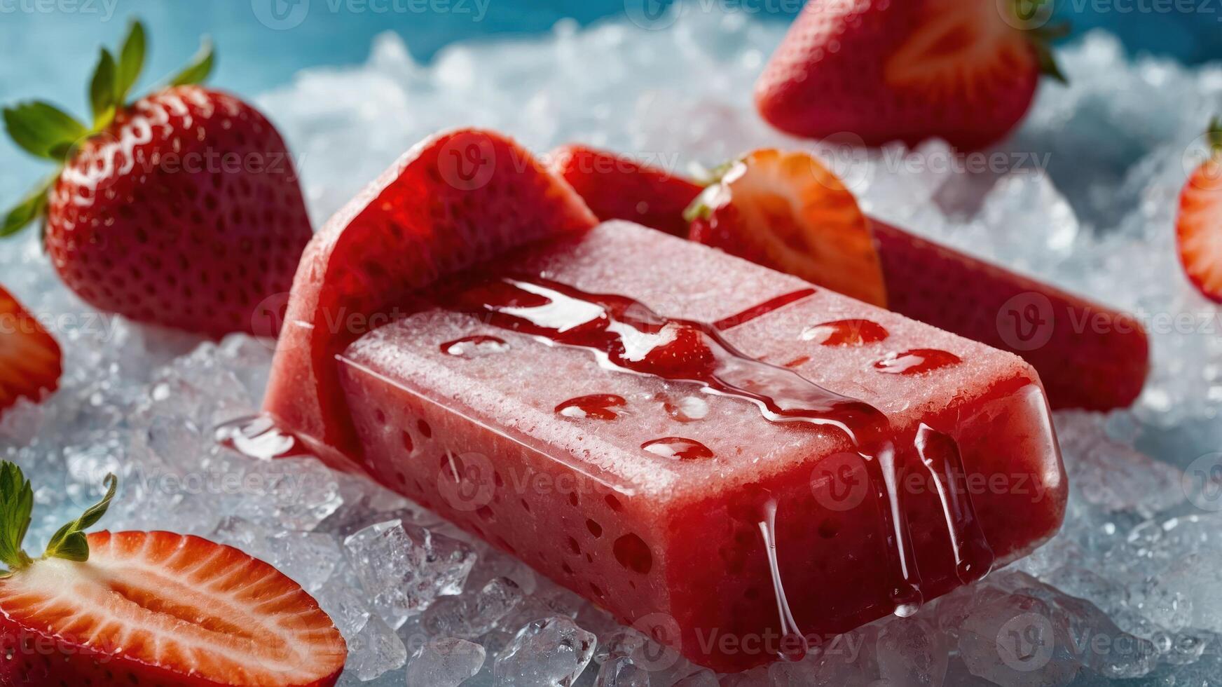 A refreshing strawberry popsicle melting on ice, surrounded by fresh strawberries. photo