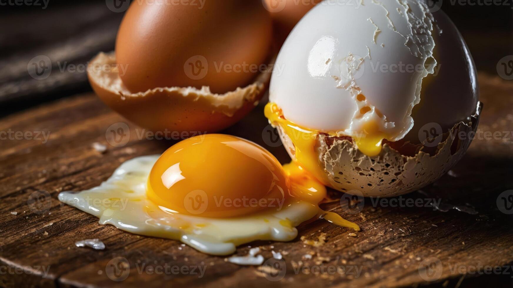 A close-up of cracked eggs on a wooden surface, showcasing their yolk and whites. photo