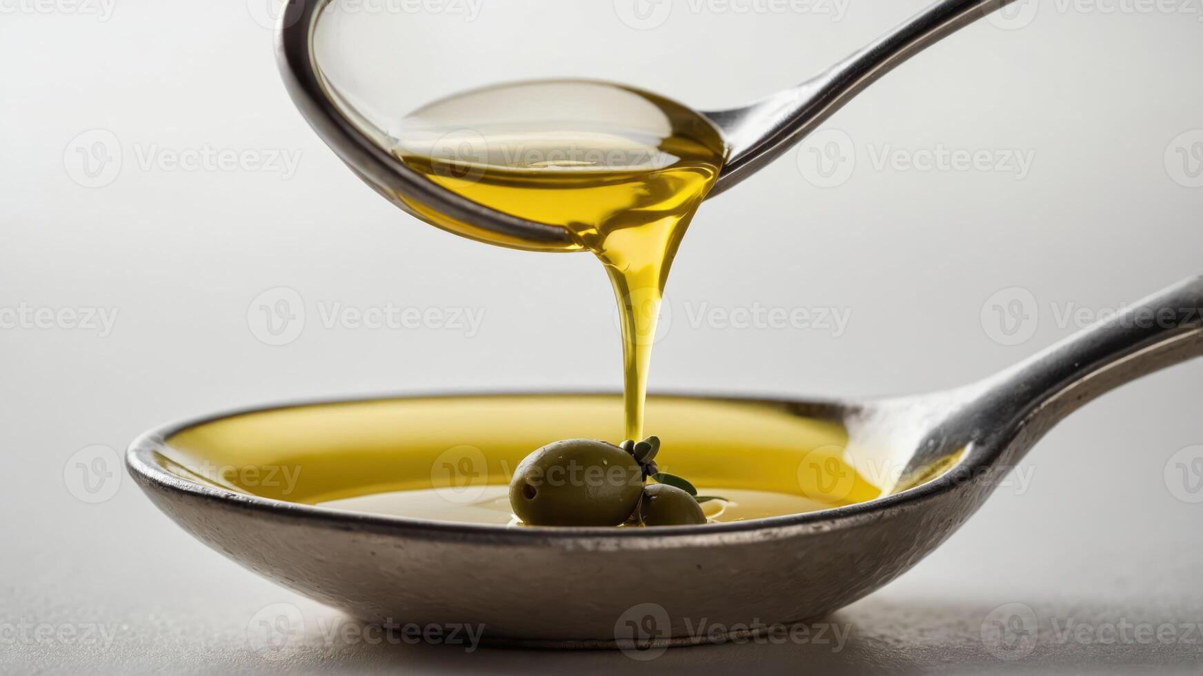 Olive oil being poured from a spoon into a dish, showcasing its rich color and texture. photo
