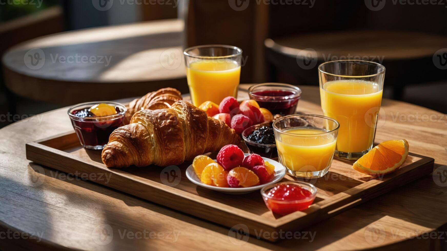 A delightful breakfast spread featuring croissants, fruits, and juices on a wooden tray. photo