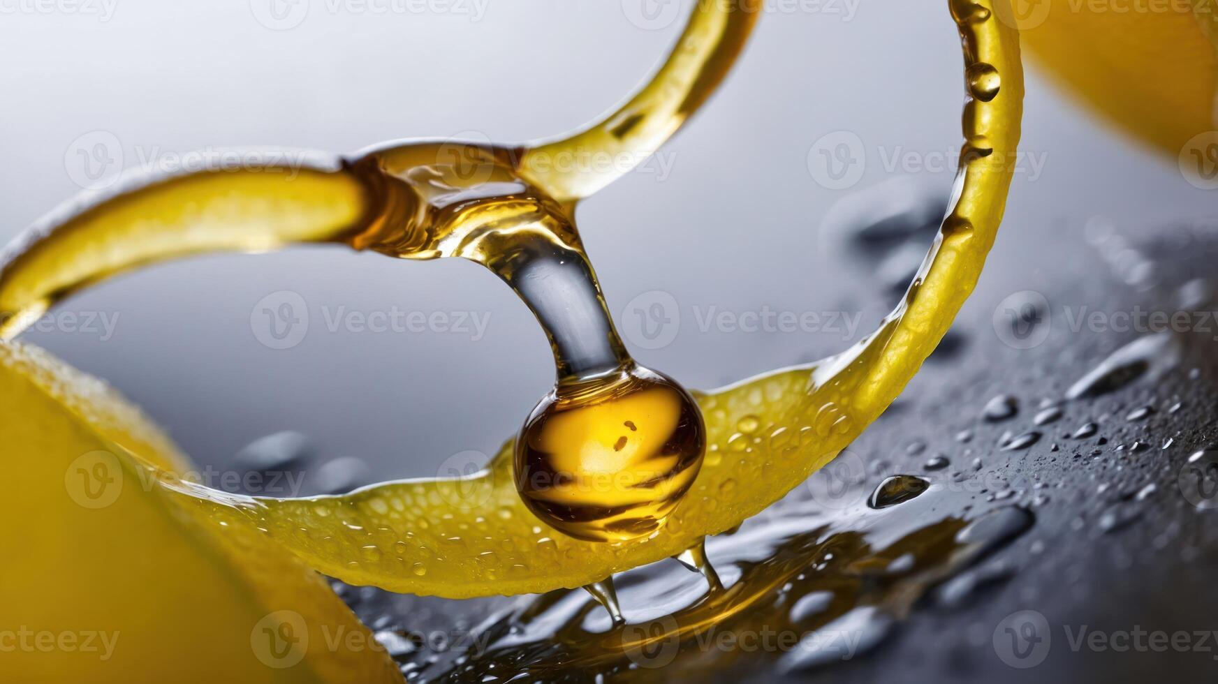 A close-up of a droplet of oil suspended on a curved surface, highlighting texture and clarity. photo