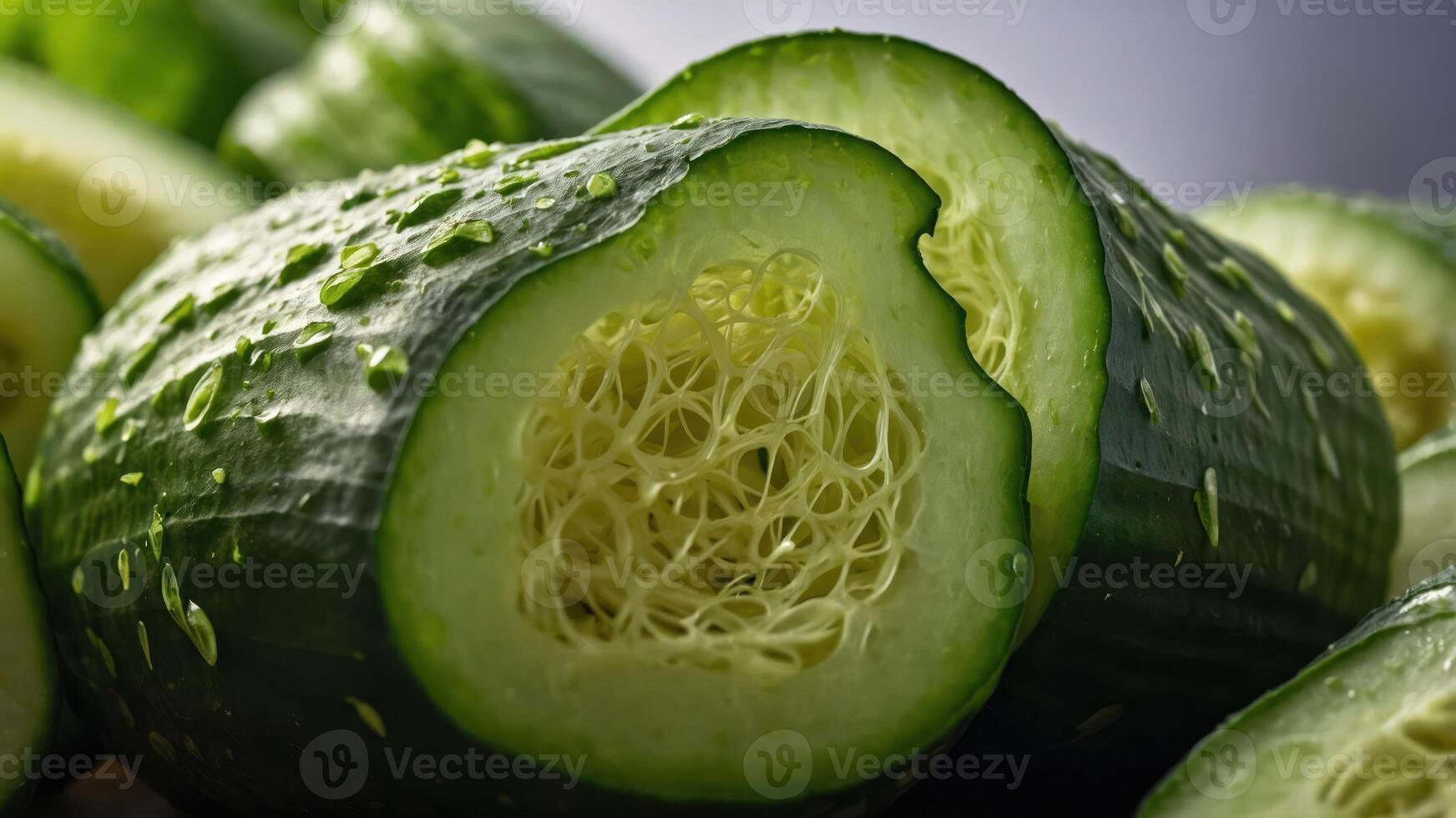 A close-up of a cut cucumber showcasing its inner texture and seeds. photo