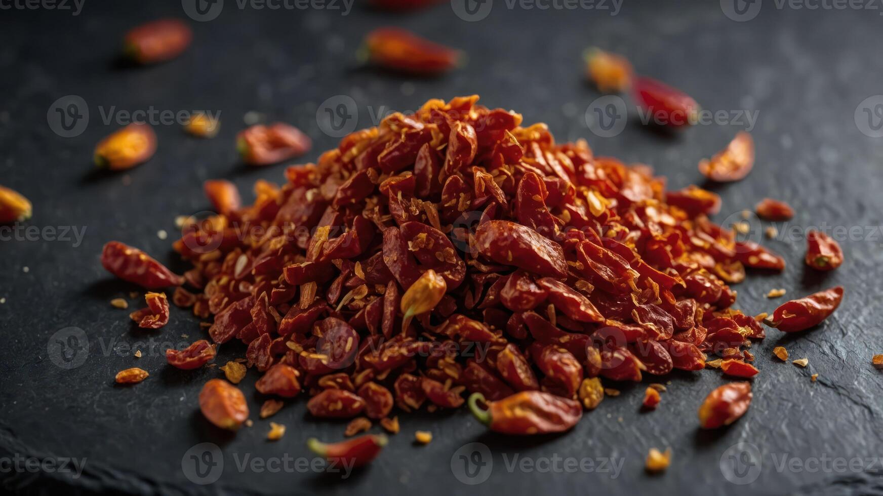 A close-up of dried red chili flakes on a dark background, showcasing texture and color. photo