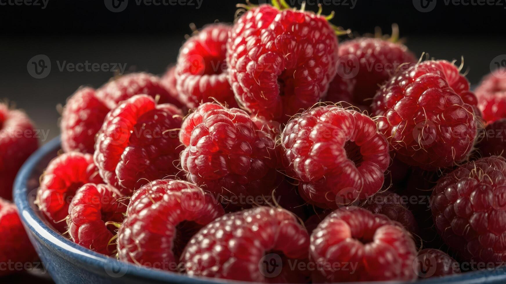 A close-up of fresh raspberries in a blue bowl, showcasing their vibrant color and texture. photo