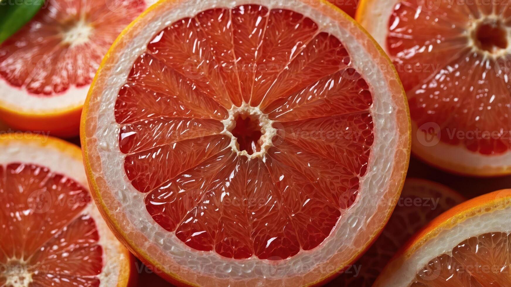 Close-up of sliced grapefruit showcasing its juicy, vibrant interior and texture. photo