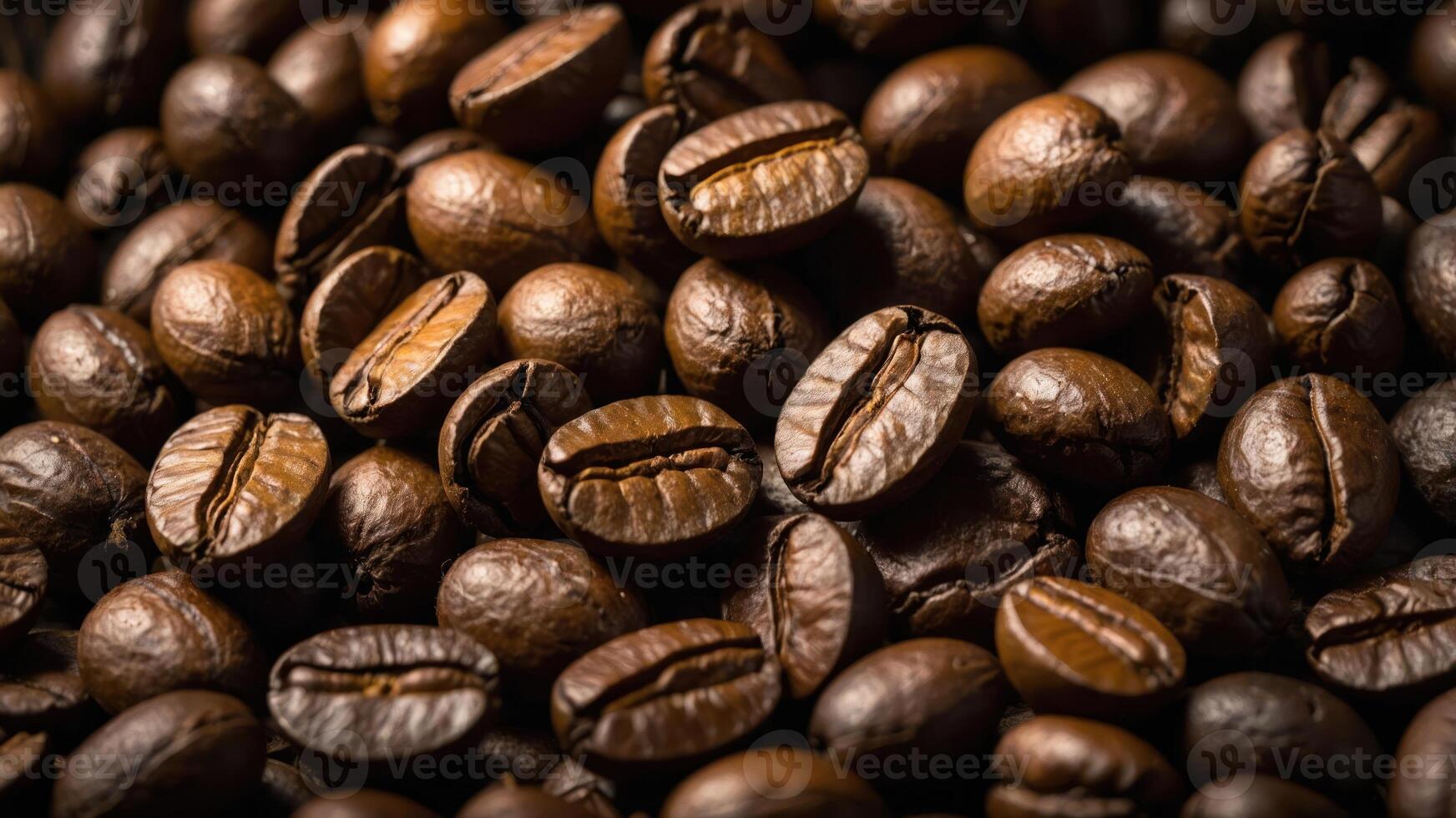 Close-up of roasted coffee beans showcasing their rich texture and color. photo