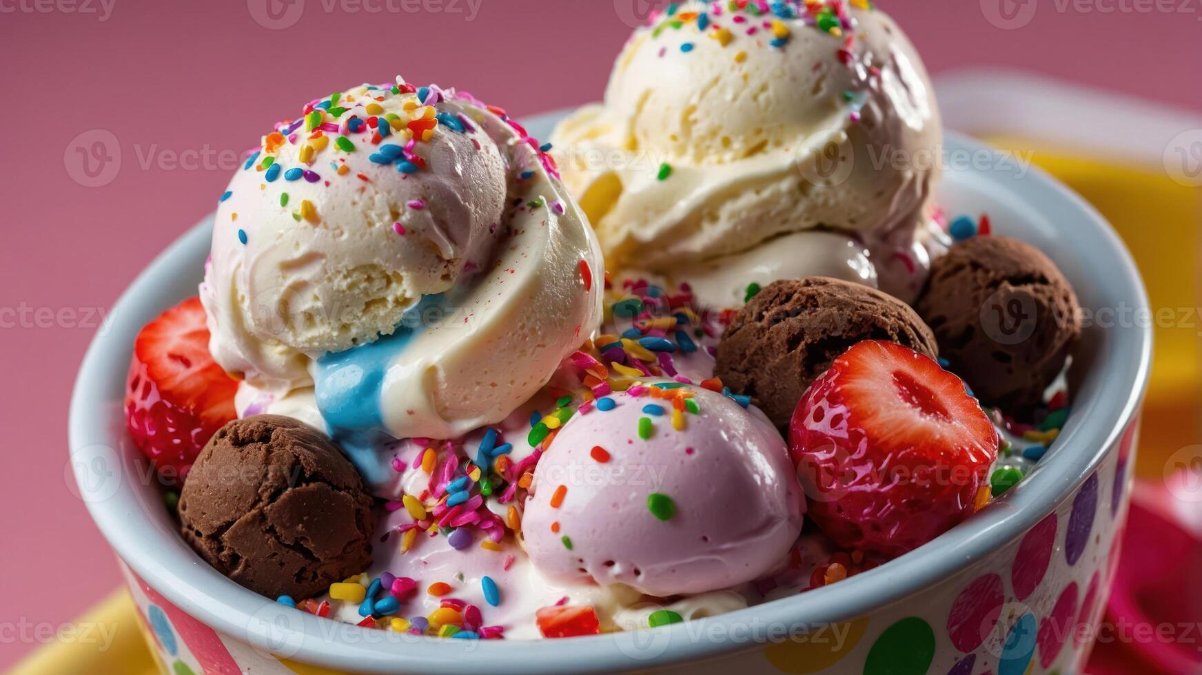 A colorful bowl of ice cream topped with sprinkles, strawberries, and chocolate balls. photo